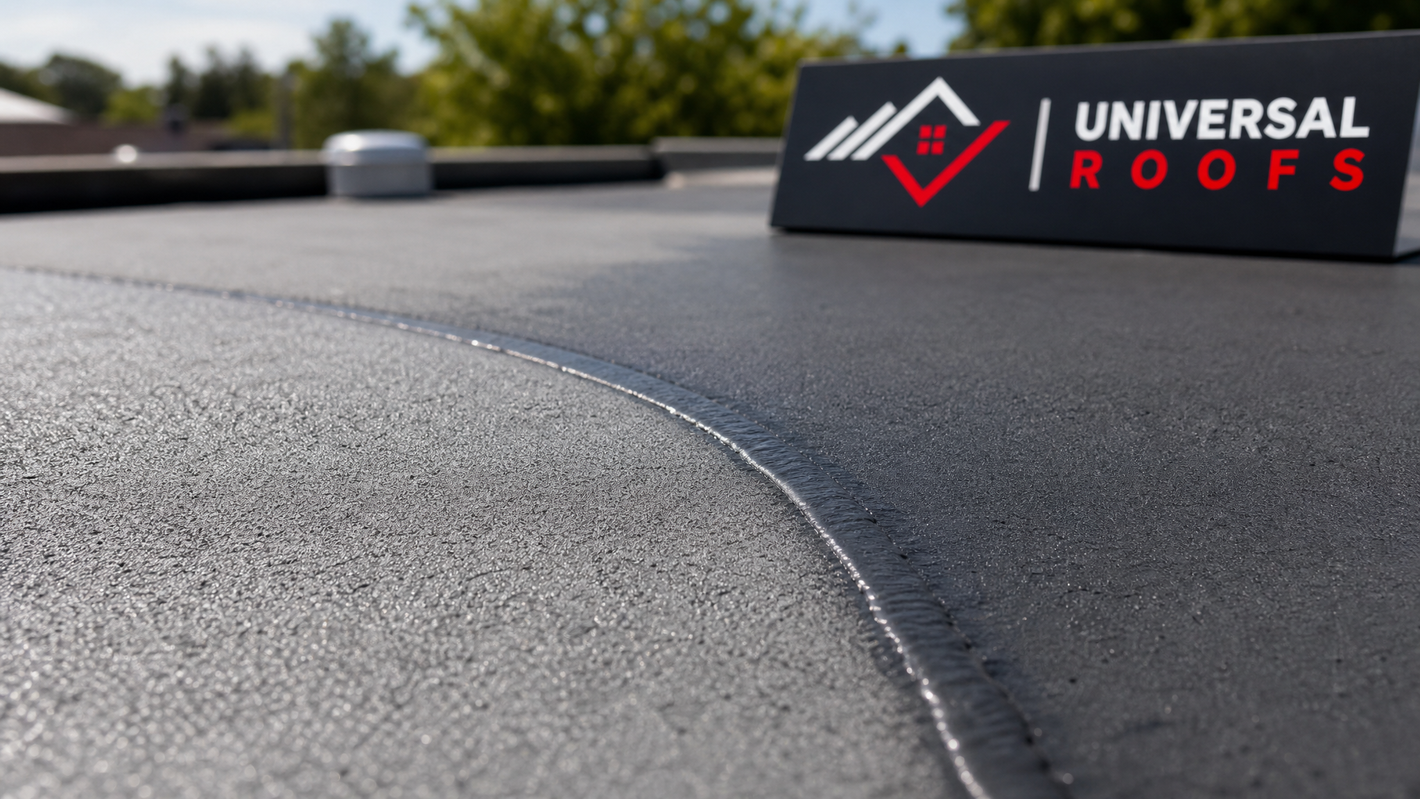 Close-up of a freshly patched flat roof membrane seam showing proper heat-welded seal