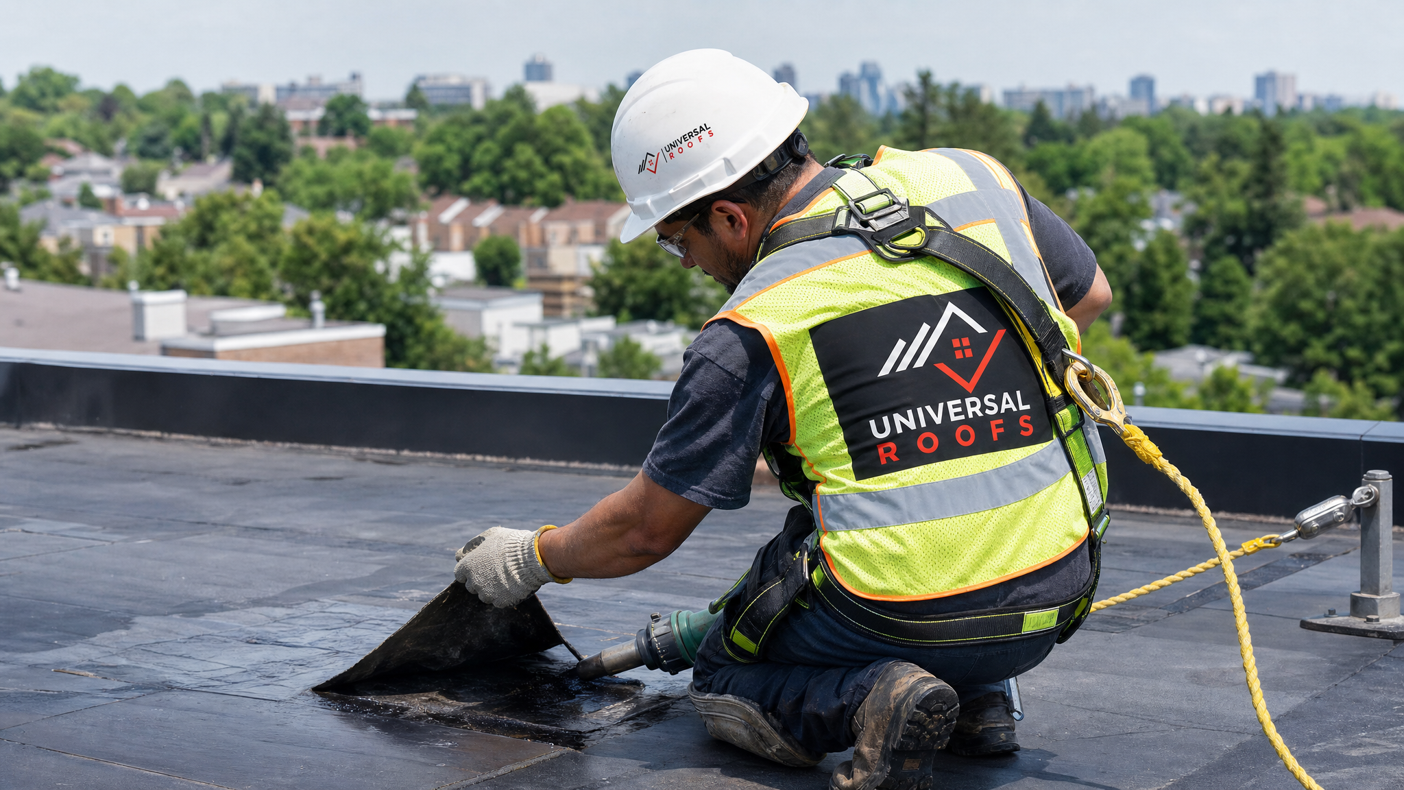 Roofer wearing full safety harness repairing a blistered section of flat roof membrane on a Toronto home
