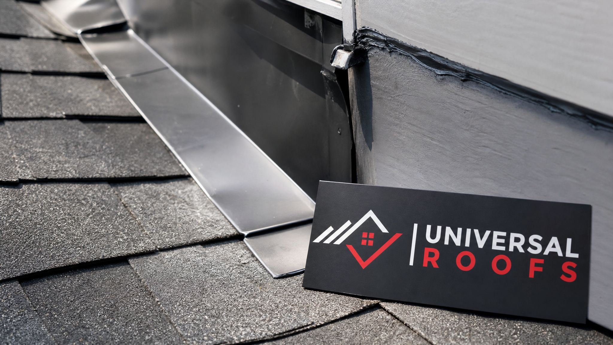 Close-up of roof flashing and shingle detail being inspected for leak points, with a Universal Roofs branded sign placard nearby