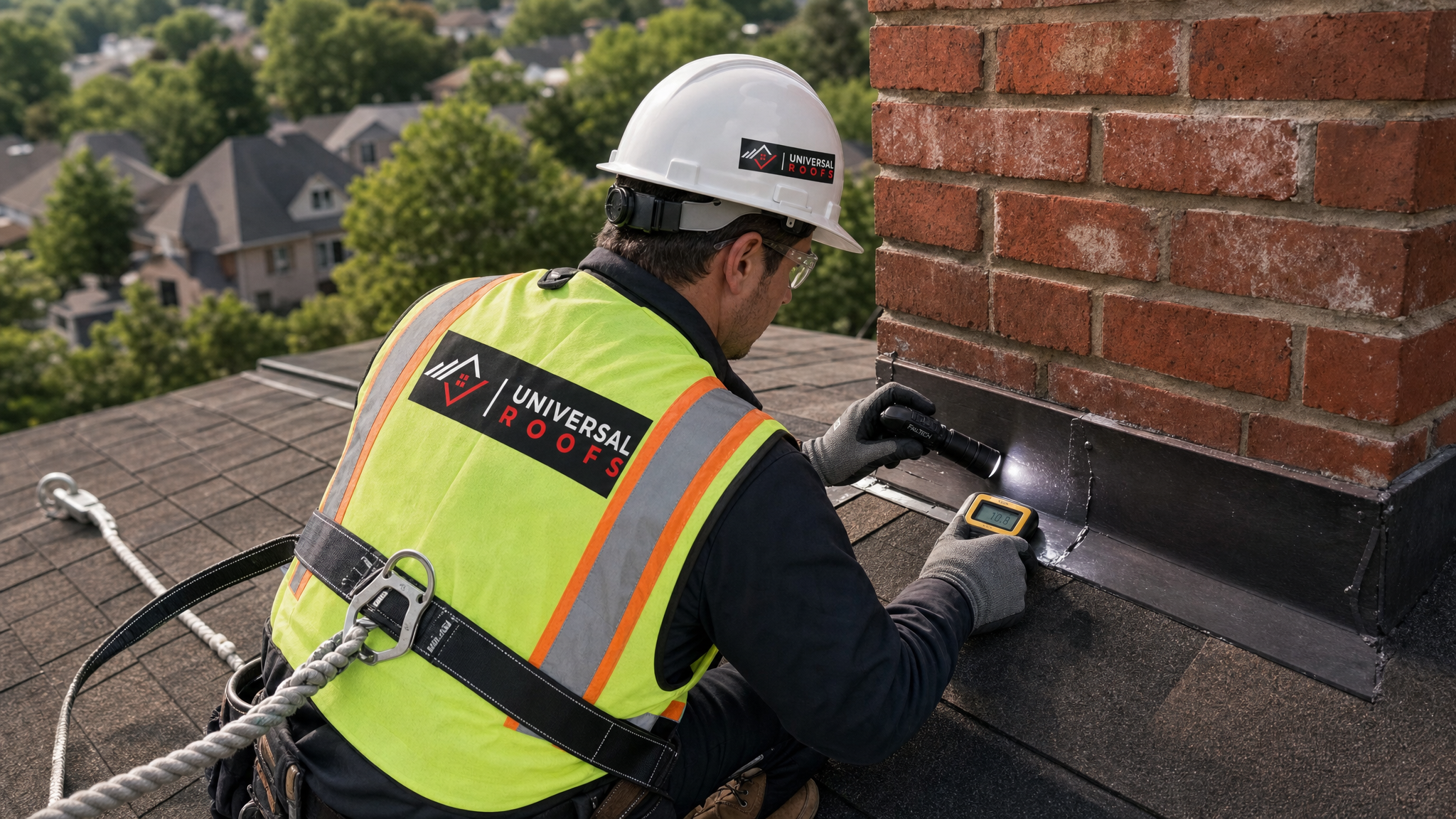 Roofing technician wearing full safety harness and PPE inspecting flashing and shingles on a Toronto home during a leak detection assessment
