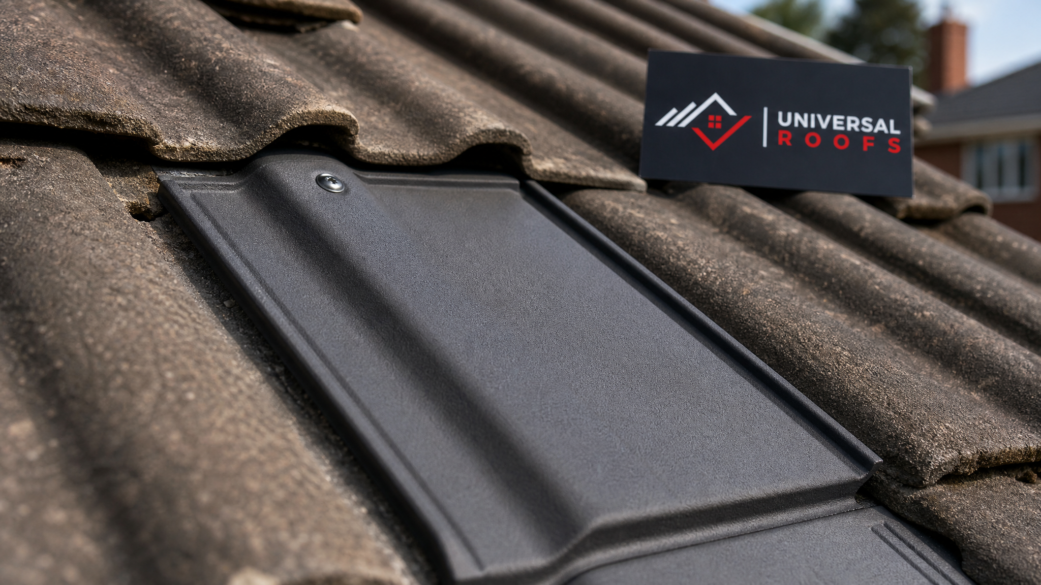 Close-up detail of a matched replacement concrete roof tile properly fastened and aligned with surrounding weathered tiles