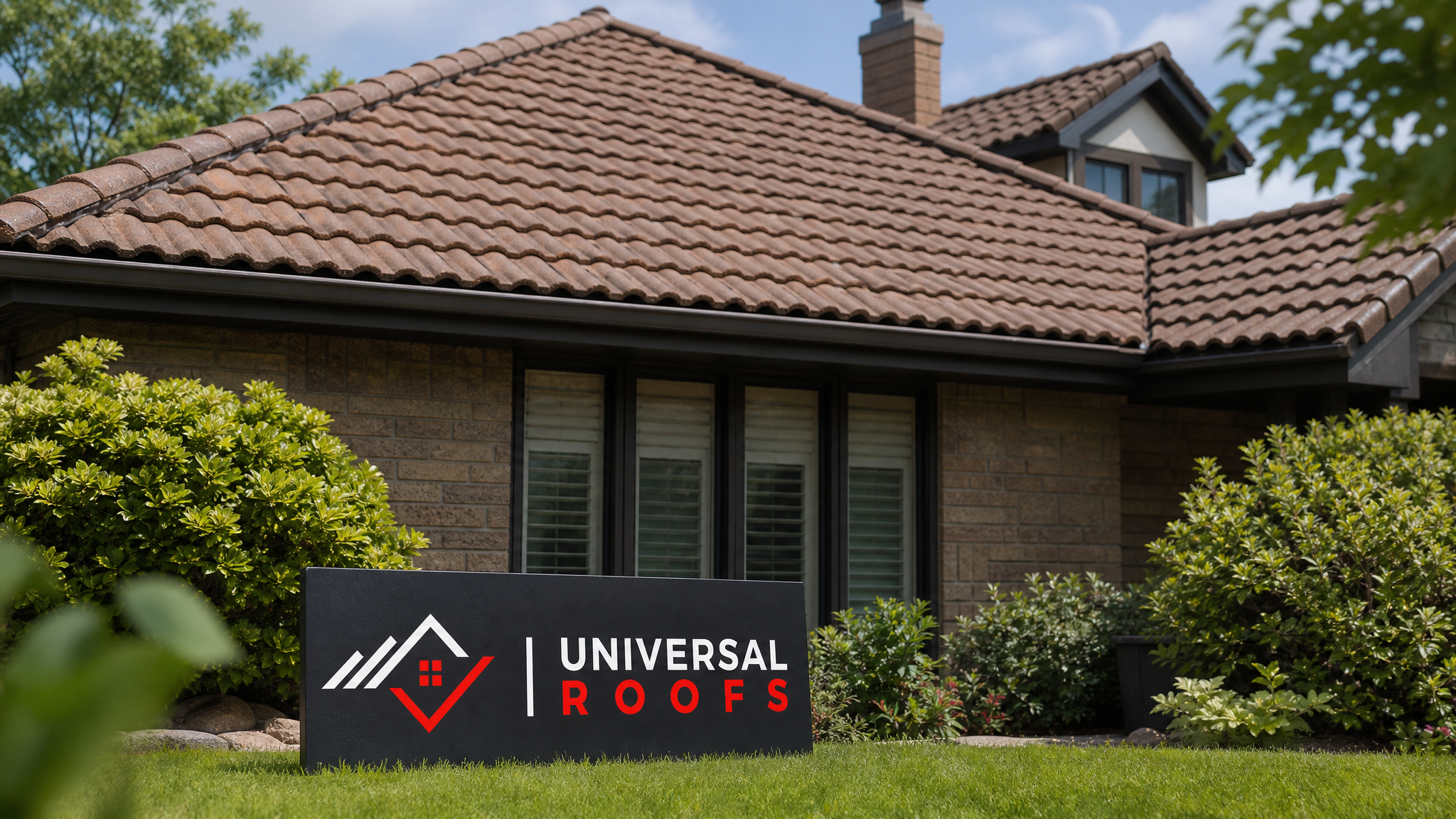 Finished tile roof repair on a GTA home with new matching tiles seamlessly blended into the existing roofline under summer daylight