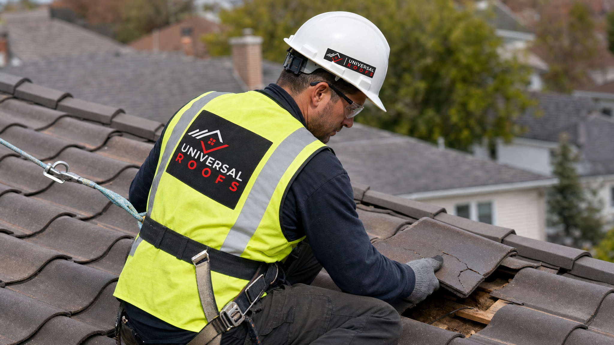 Roofer wearing full safety harness and PPE carefully removing a cracked tile to inspect the underlayment on a Toronto area roof
