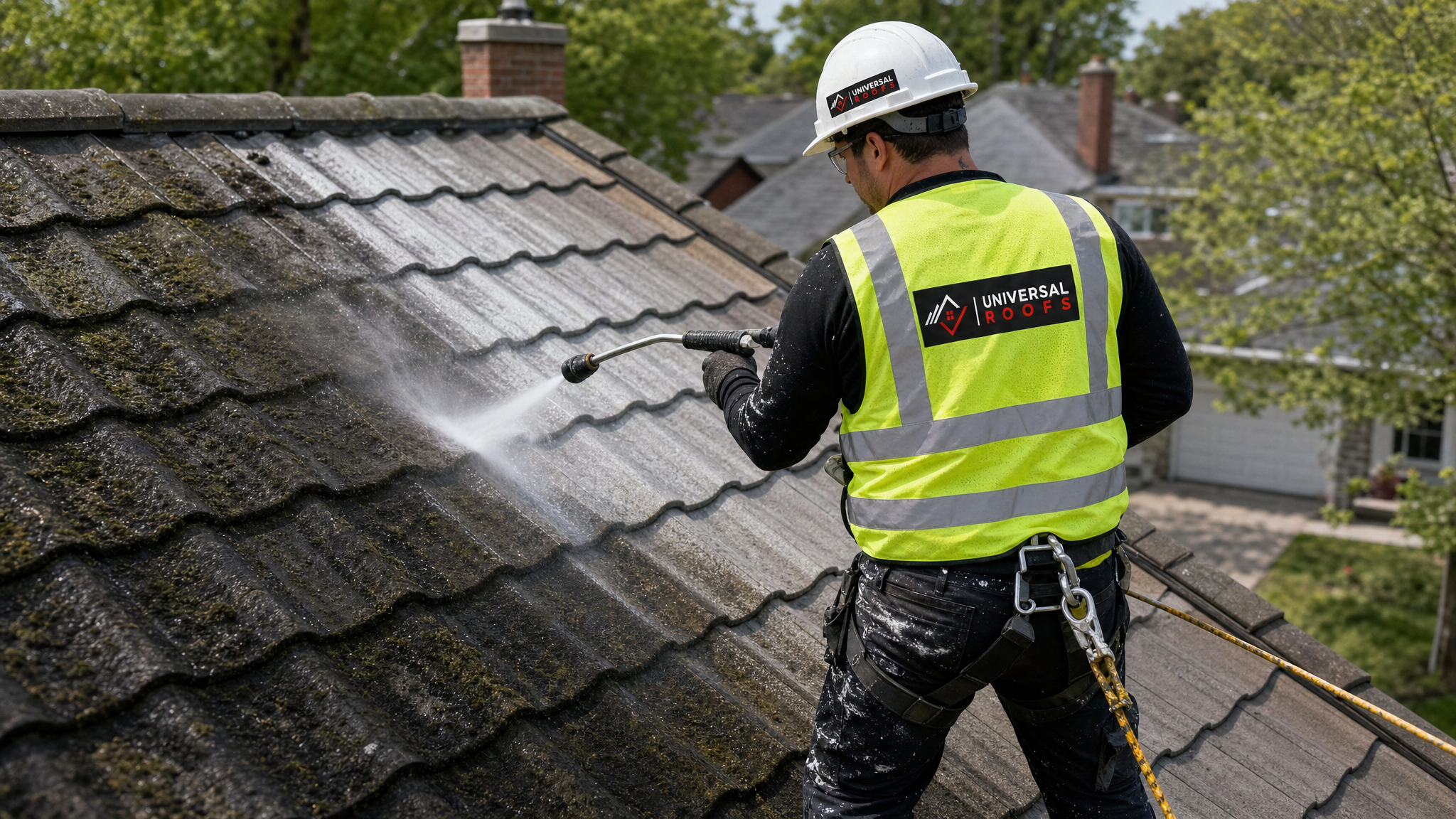 Roofing technician applying a soft wash treatment to remove moss and algae from a tile roof while harnessed for fall protection