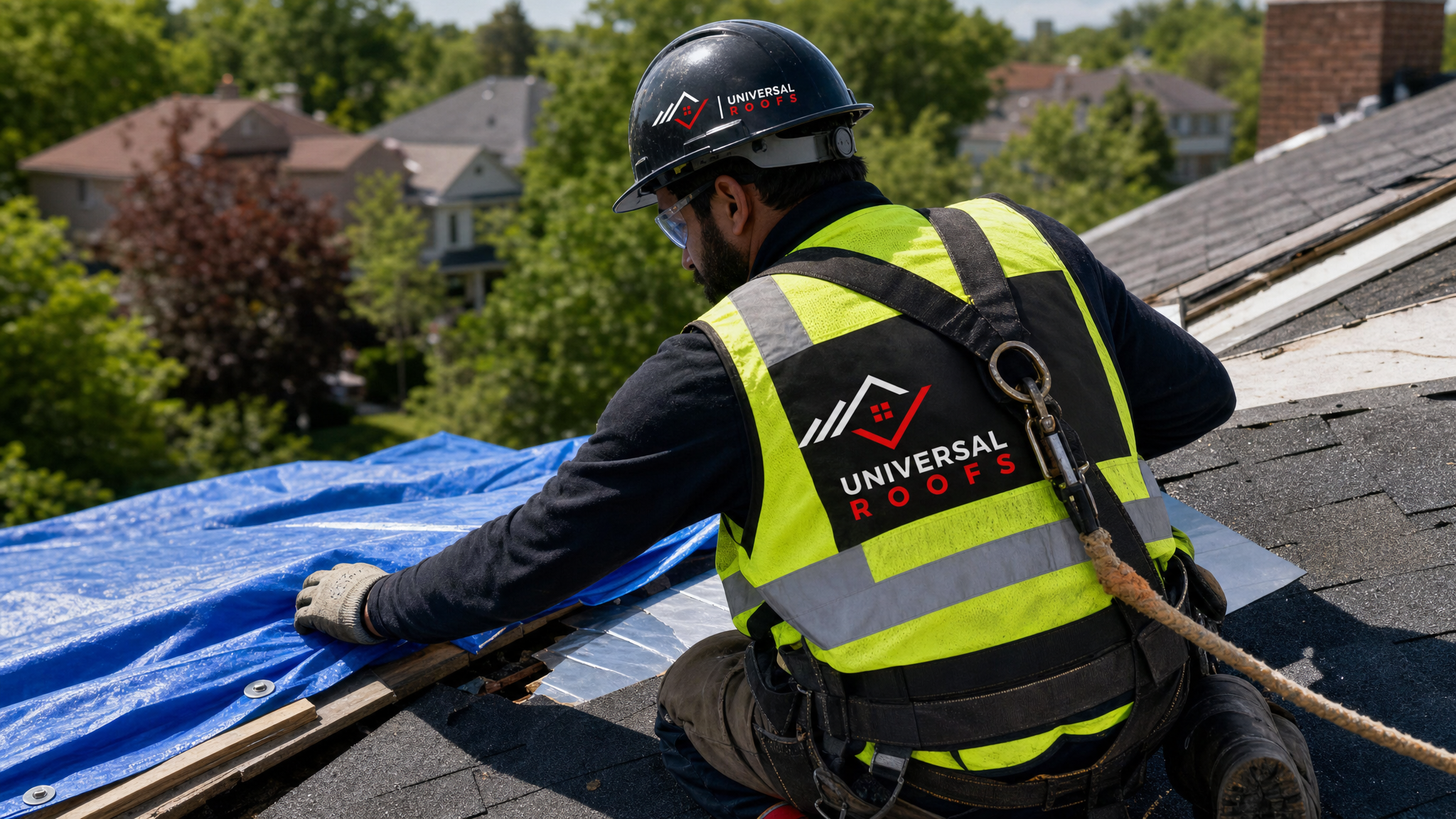 Roofer wearing full safety harness installing temporary tarp and flashing during an emergency roof repair in Toronto