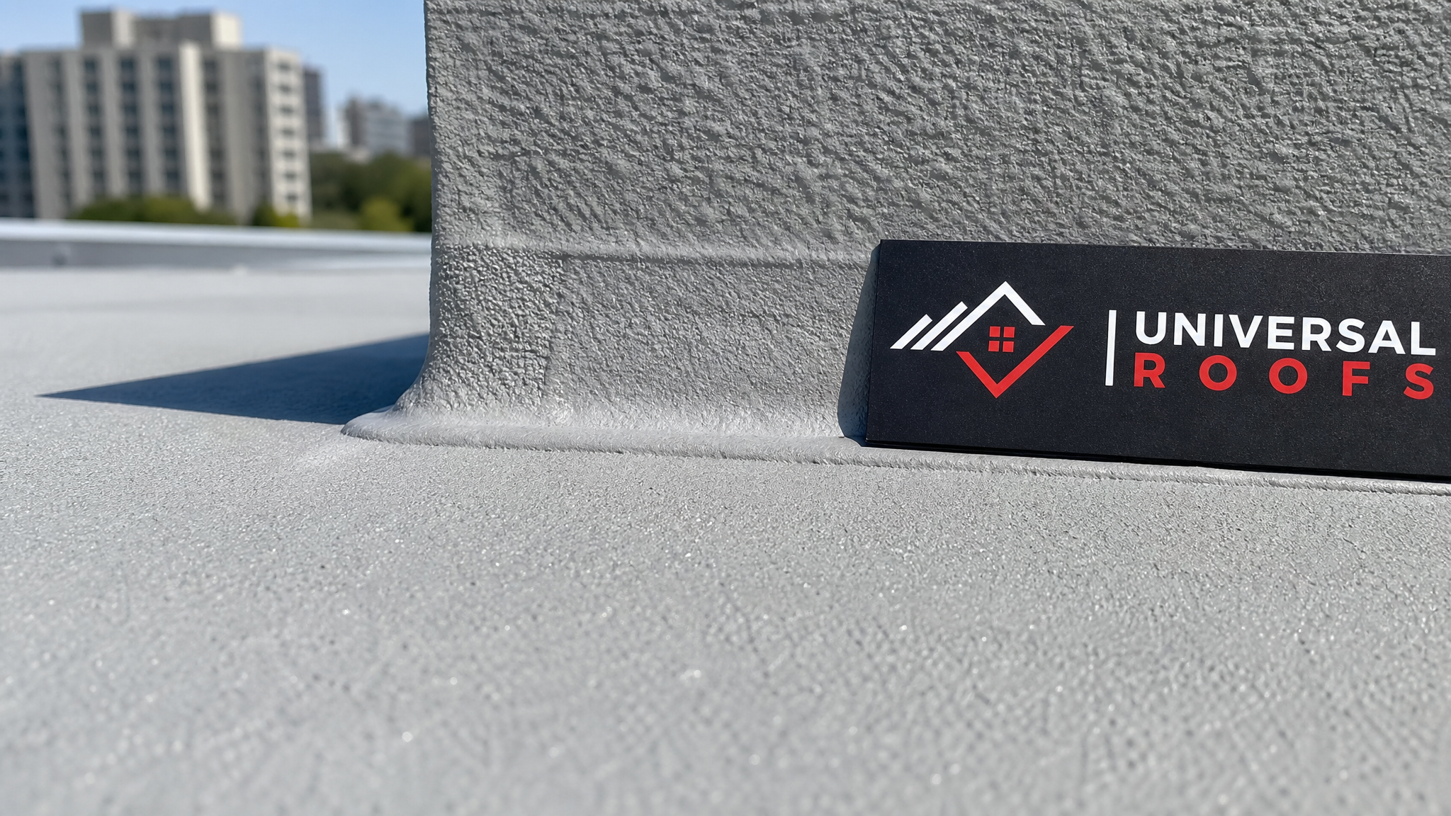 Close-up of fire resistant roof coating texture and seam detail with branded sign placard nearby