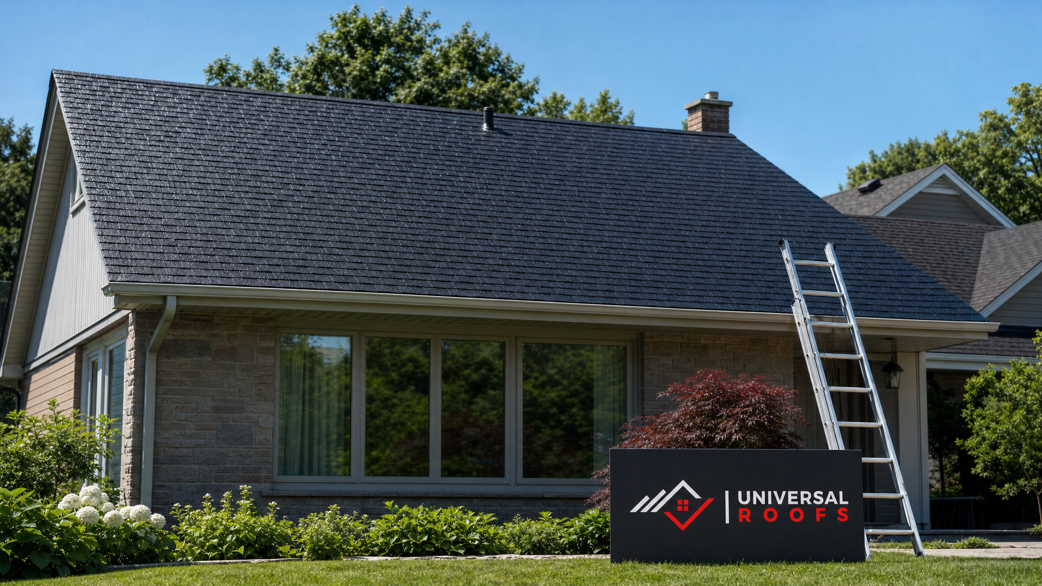 Finished residential roof in Toronto with a fresh fire resistant coating glowing lightly under summer daylight, branded sign placard resting nearby