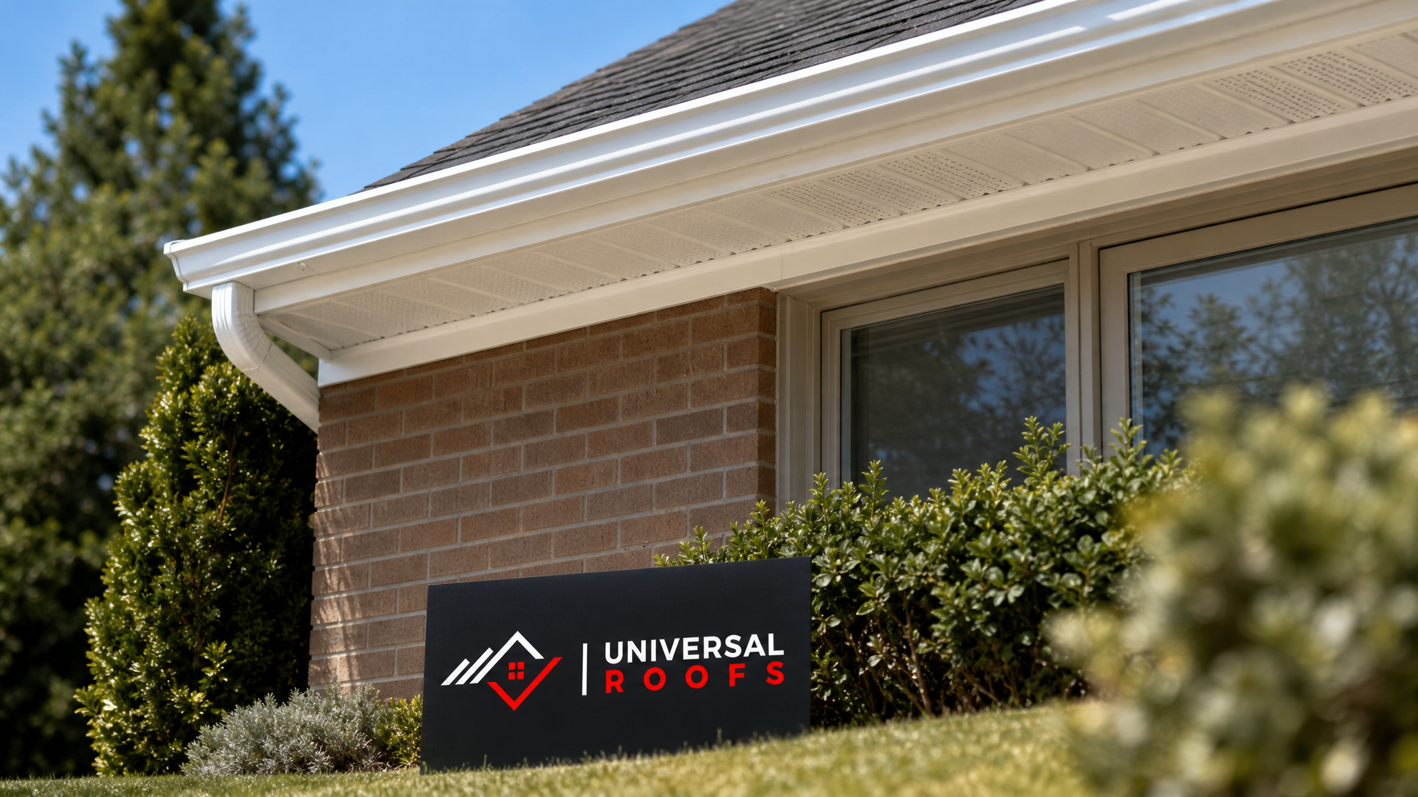 Freshly repaired white soffit and fascia along a Toronto home's roofline in summer daylight
