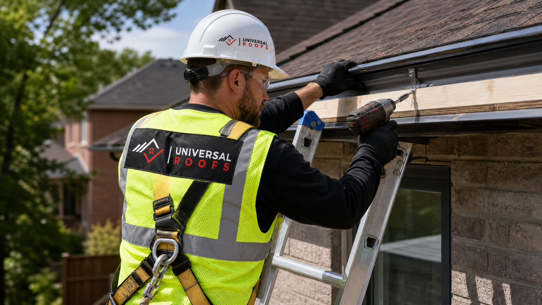 Roofing technician wearing full safety harness repairing fascia board and eavestrough connection on a Toronto home