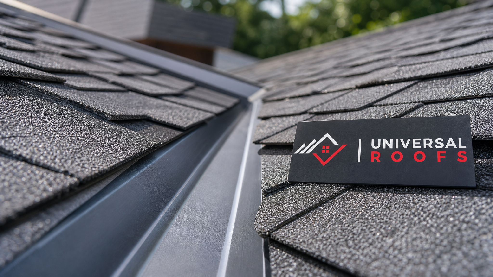Close-up detail of a clean asphalt shingle roof valley and metal flashing with a Universal Roofs branded sign placard in frame, showing intact granules and clear drainage channel