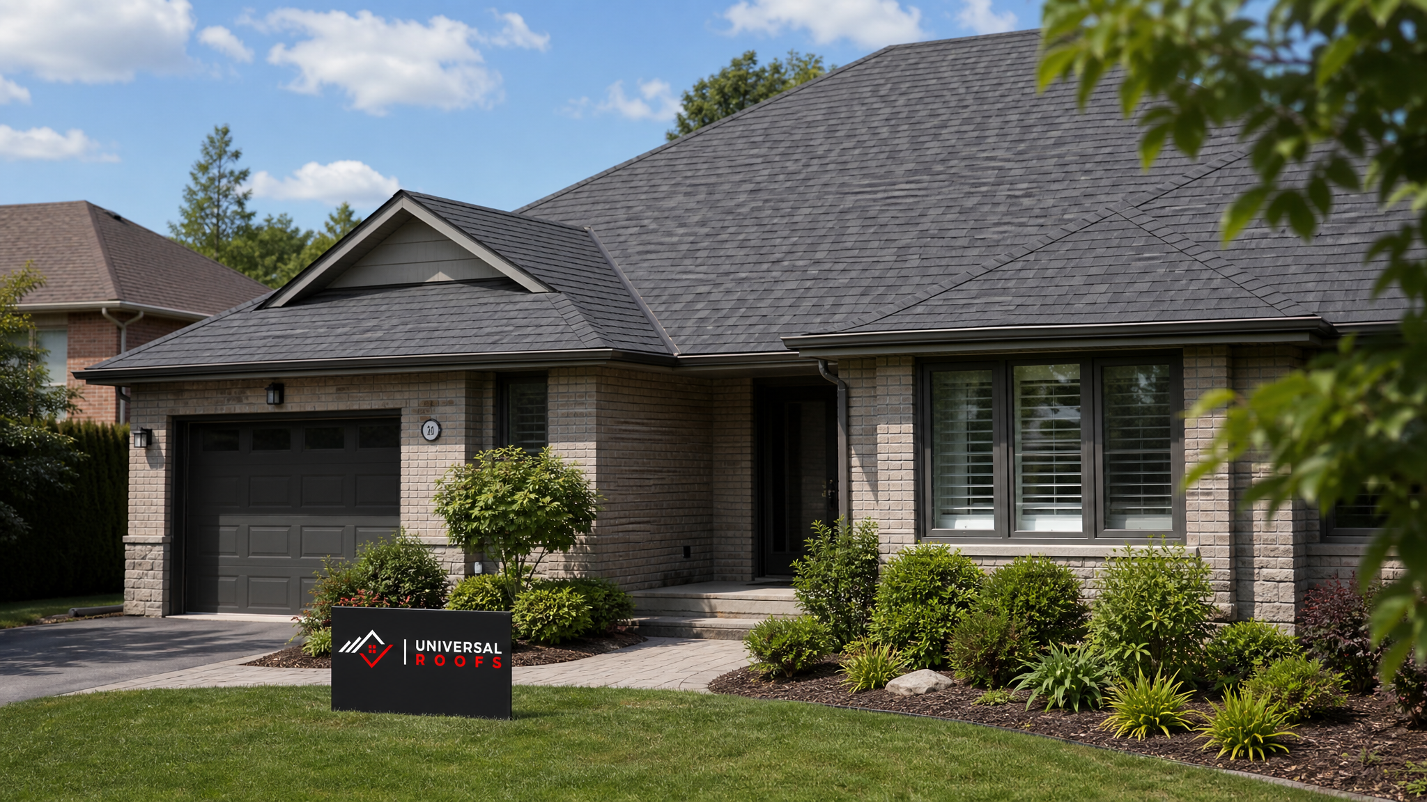 Clean, debris-free asphalt shingle roof on a Toronto-area home in summer daylight with a Universal Roofs branded sign placard resting on the lawn