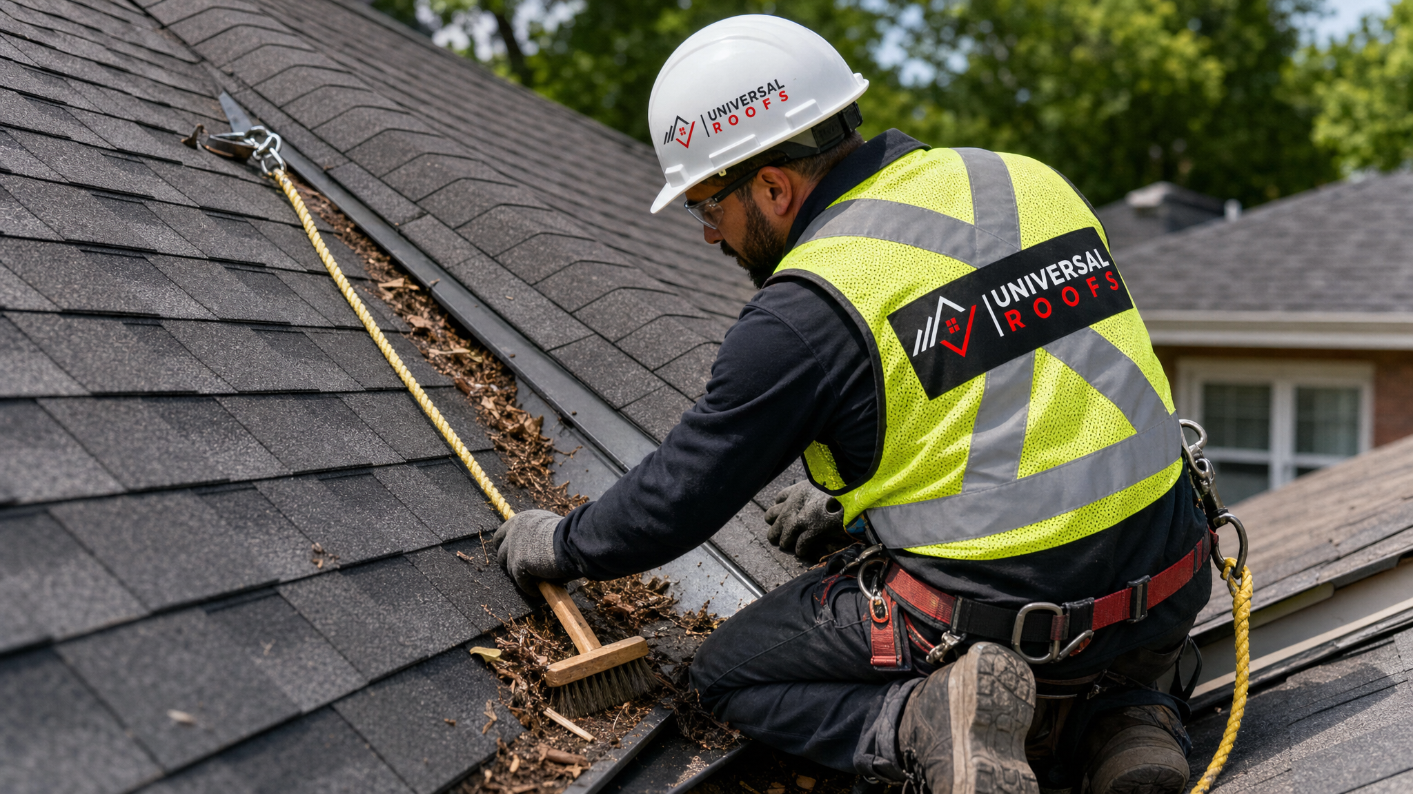 Roofing technician wearing a hard hat, high-visibility vest, safety glasses, gloves, and a fall-protection harness clearing debris from a roof valley and flashing area on a Toronto home