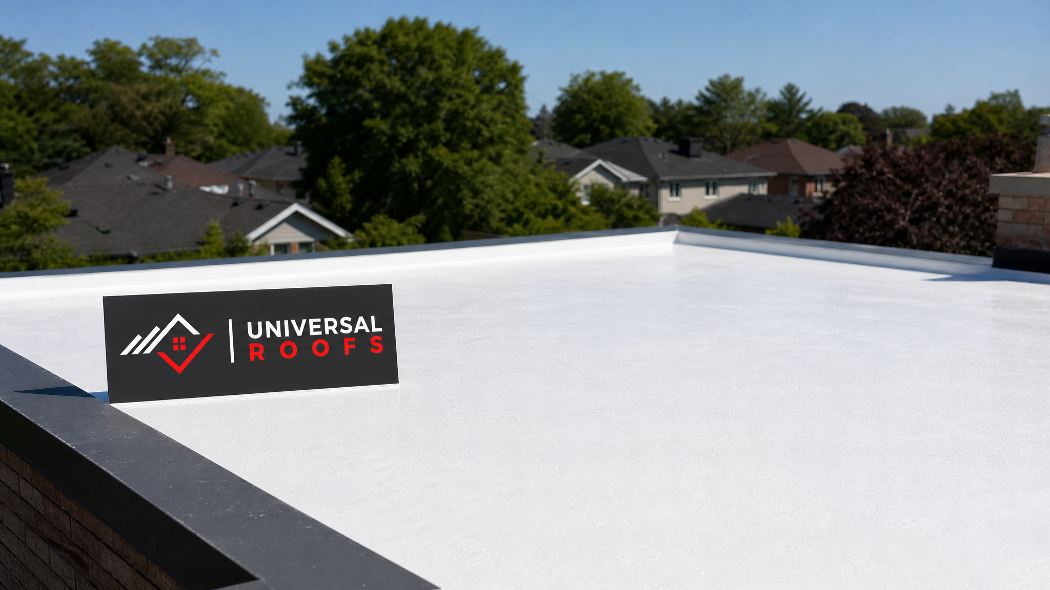Freshly coated white reflective flat roof on a Toronto home glowing in summer daylight with a Universal Roofs sign placard resting nearby