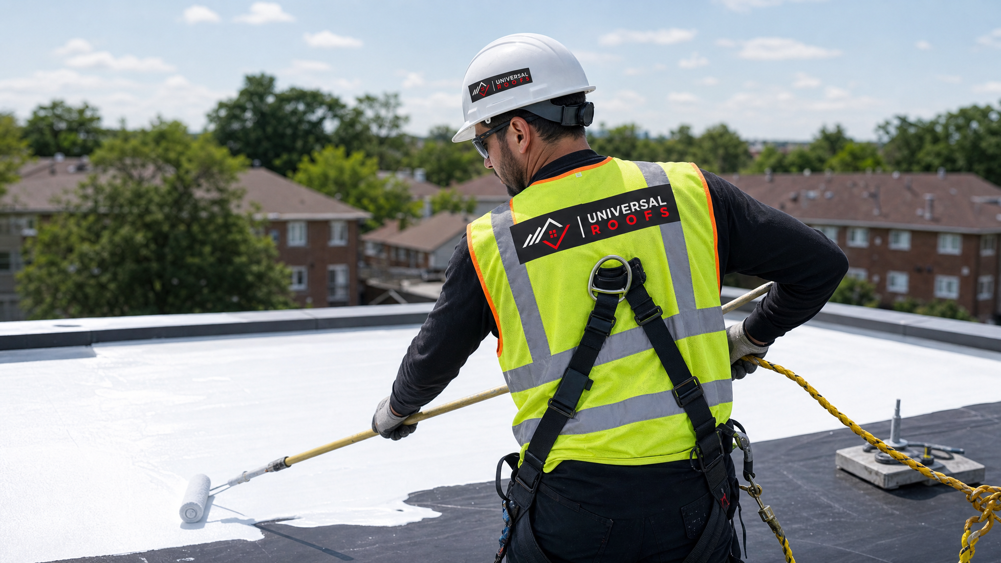 Roofer in full safety harness, hard hat, and hi-vis vest applying a reflective roof coating with a roller on a Toronto flat roof