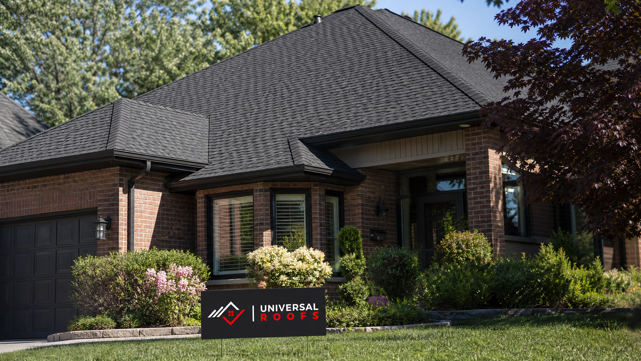 Finished asphalt shingle roof after environmentally friendly hail damage repair on a Toronto home in summer daylight