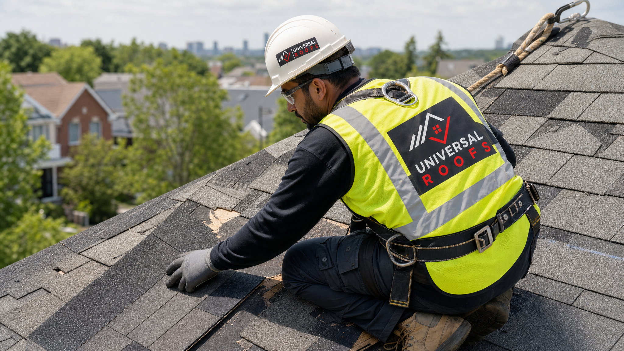 Roofer wearing full safety harness installing impact-resistant shingles during hail damage repair on a Toronto rooftop