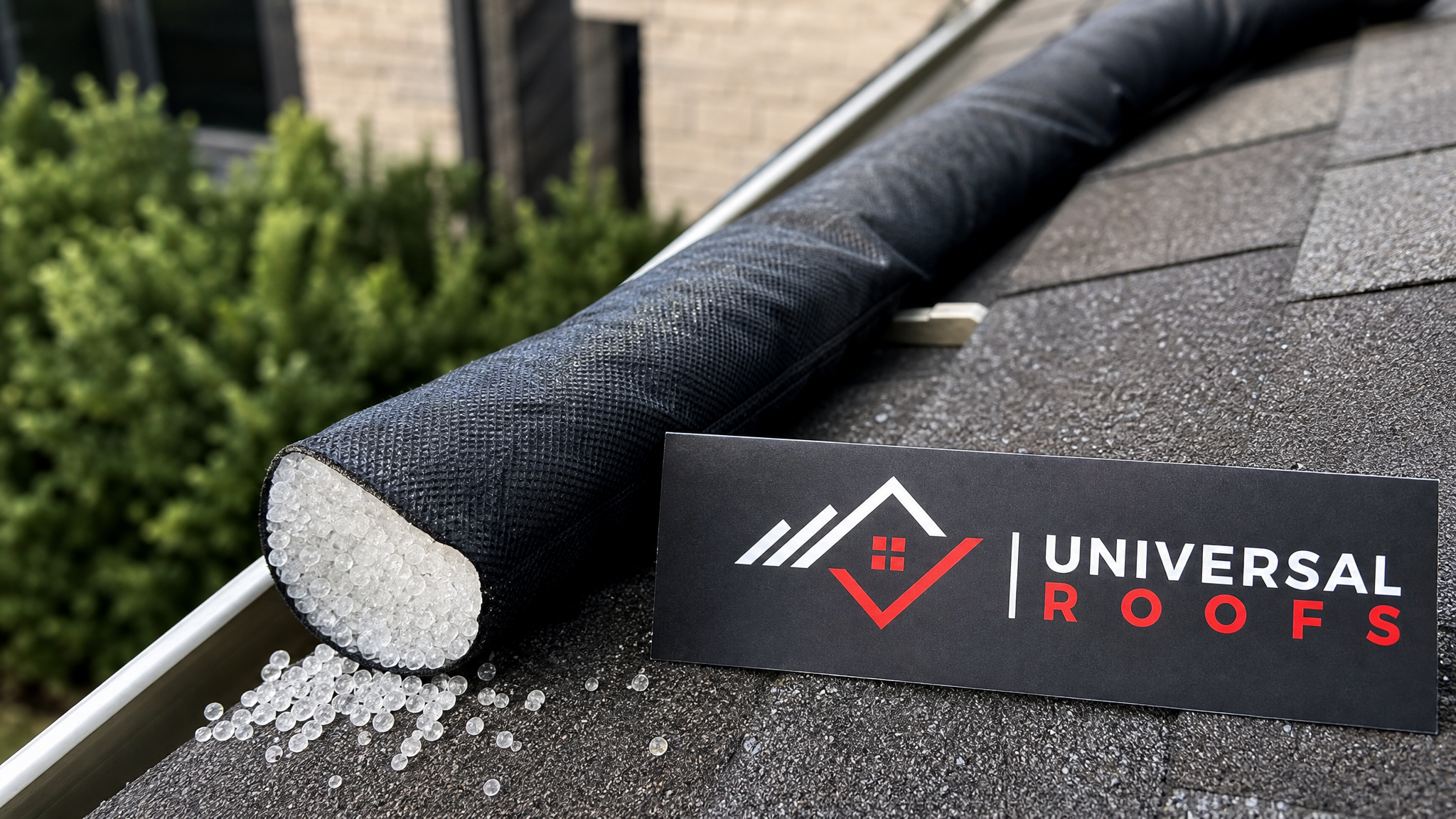 Close-up of a biodegradable ice-melt sock placed across a roof eave next to healthy, undamaged landscaping in a Toronto backyard