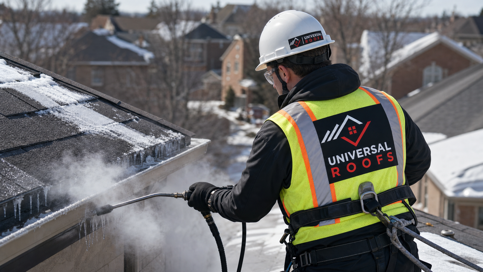Roofing technician in full safety harness and PPE using a low-pressure steam de-icing tool to remove an ice dam from a residential roof eave in Toronto