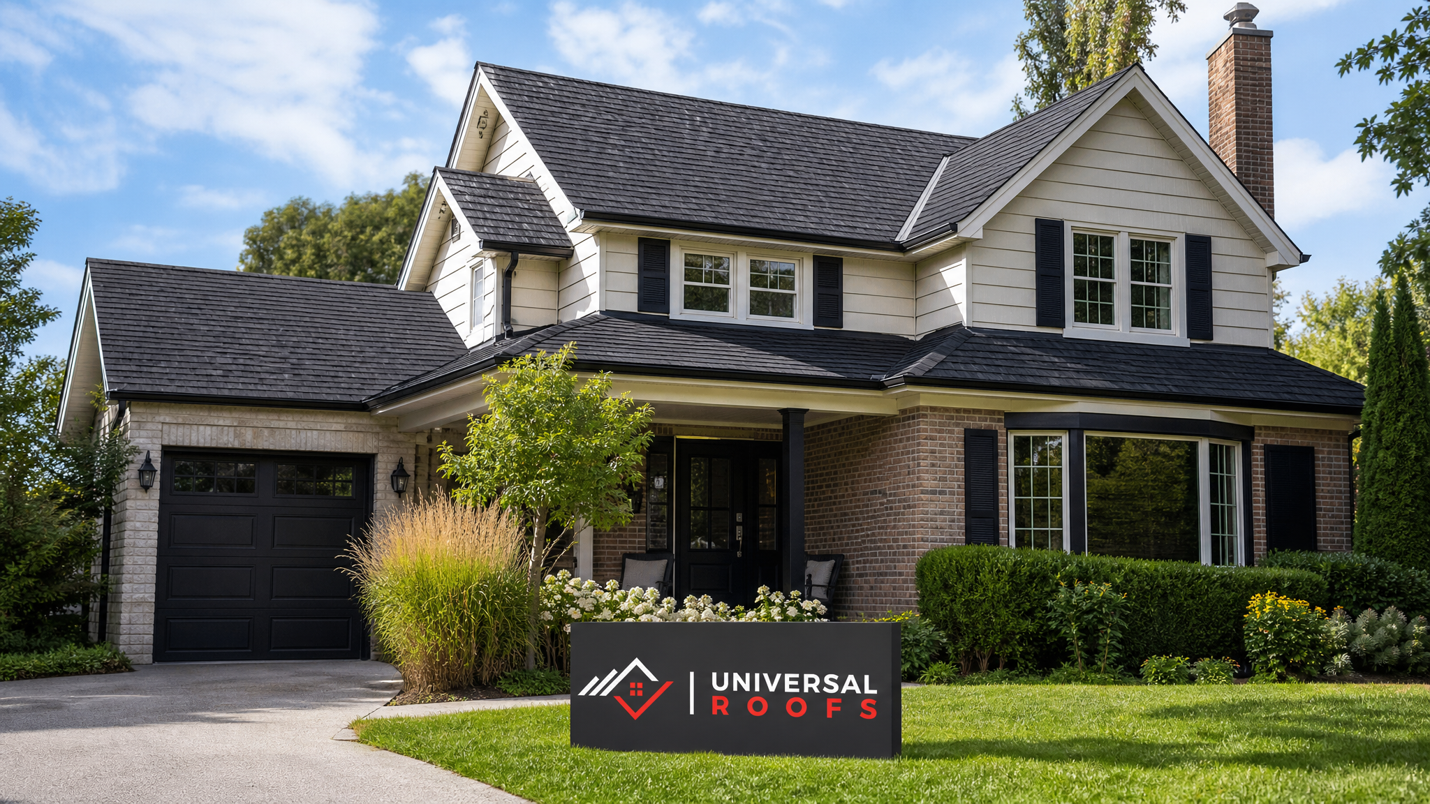 Freshly maintained and waterproofed asphalt shingle roof on a Toronto home under clear summer sky
