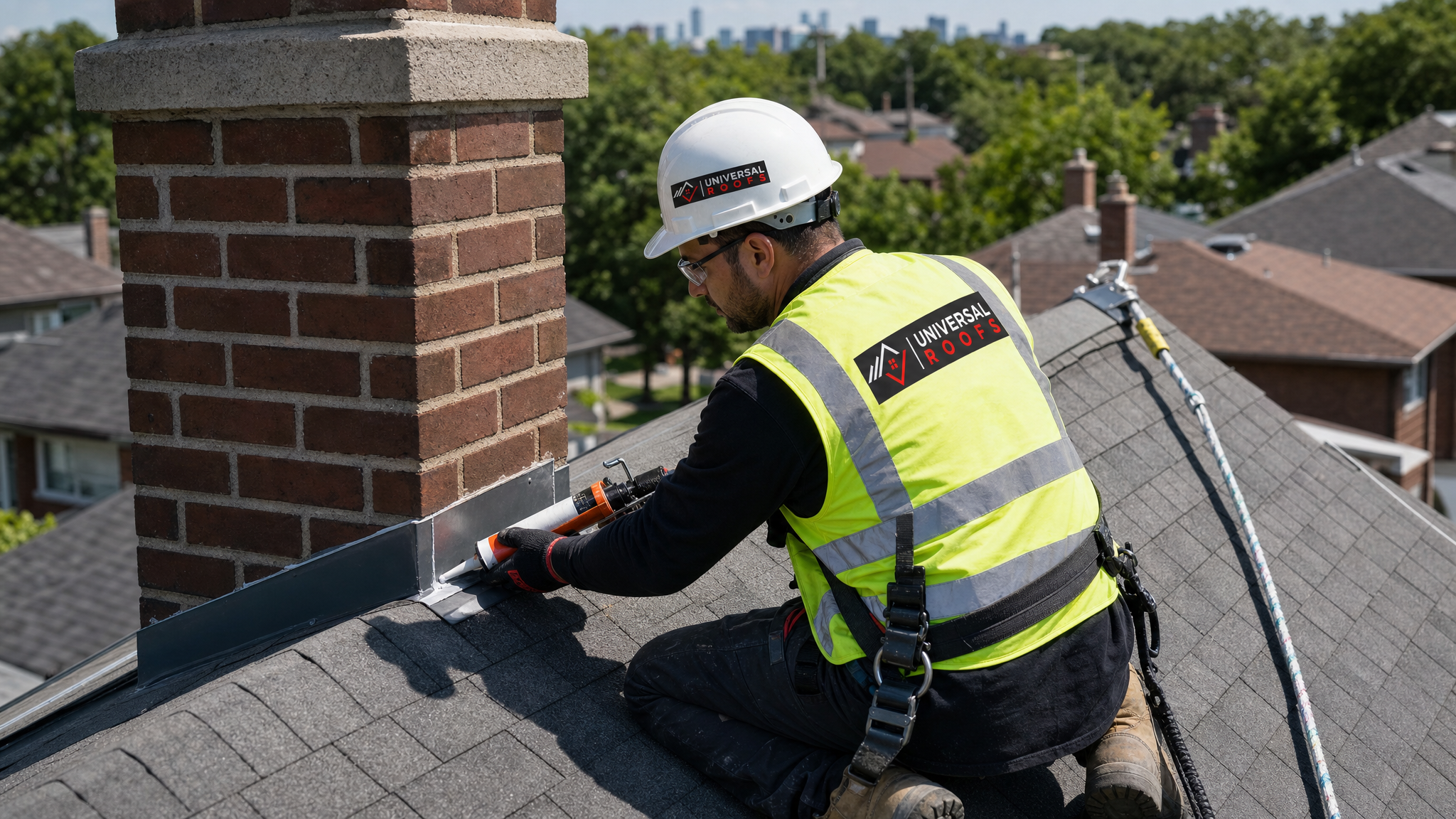 Roofing technician wearing full safety harness applying waterproof sealant along roof flashing on a Toronto home