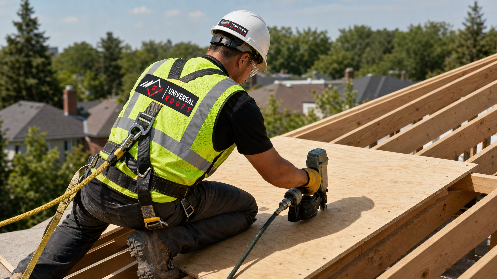 Roofer wearing full safety harness installing new plywood roof decking panels on a sloped roof