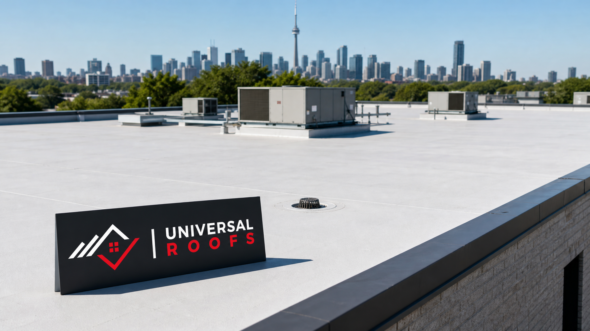 Repaired commercial flat roof membrane in good condition under summer daylight in Toronto
