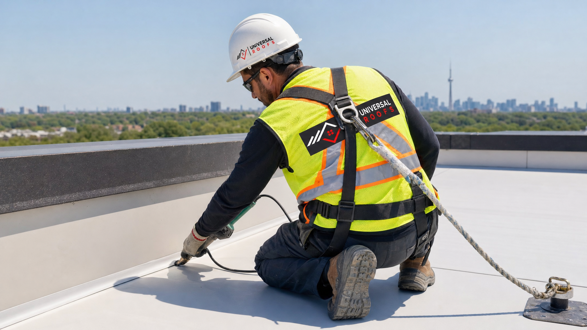 Roofer wearing full safety harness repairing a seam on a commercial flat roof in Toronto