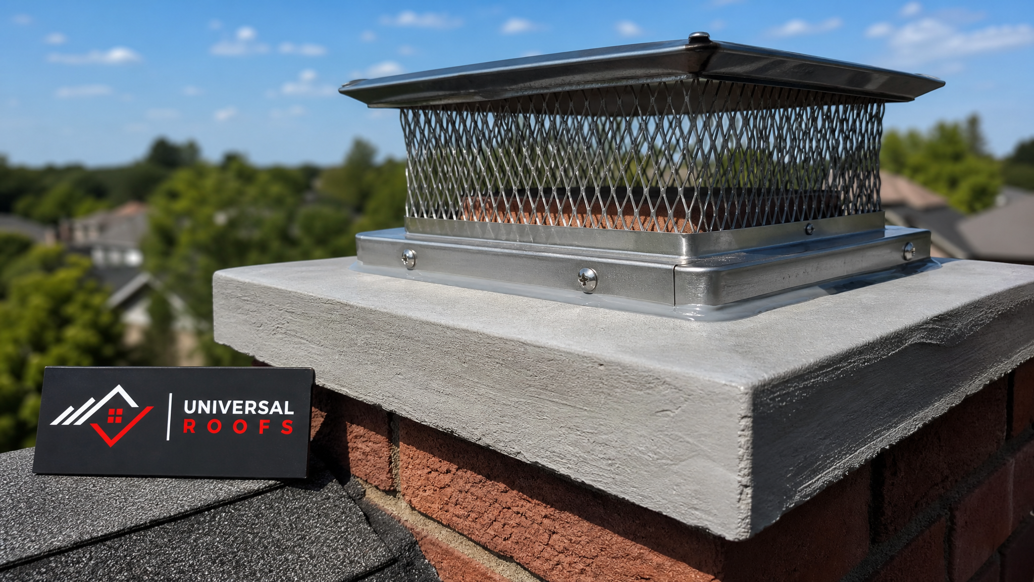 Close-up of a new chimney crown with sealant edge and stainless steel rain cap installed on brick chimney