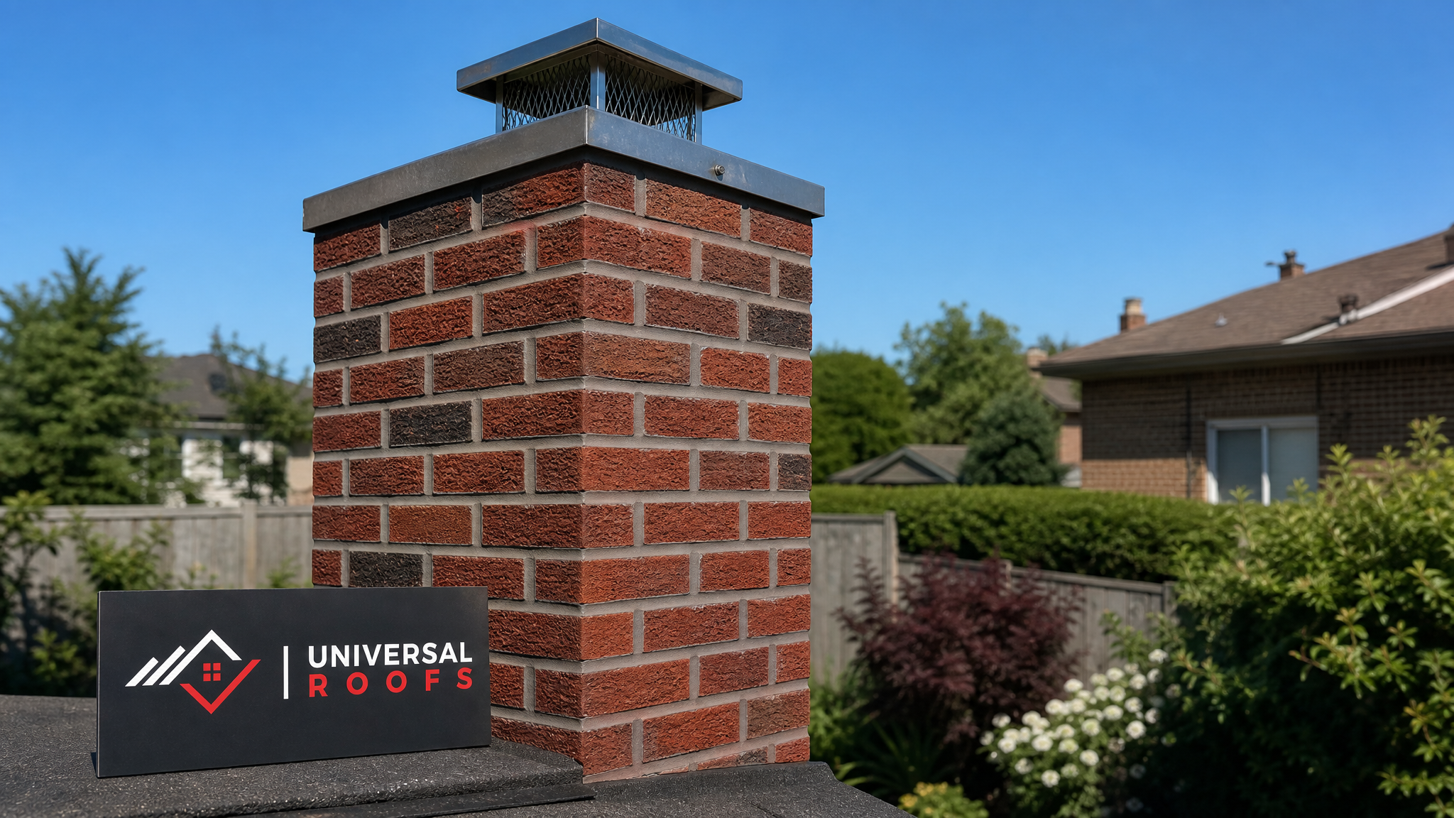 Freshly repaired brick chimney with clean mortar joints and a new metal cap against a clear summer sky