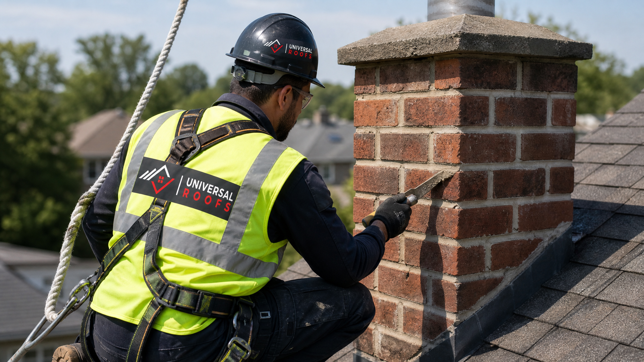 Roofing technician secured with a safety harness repointing brick mortar joints on a chimney