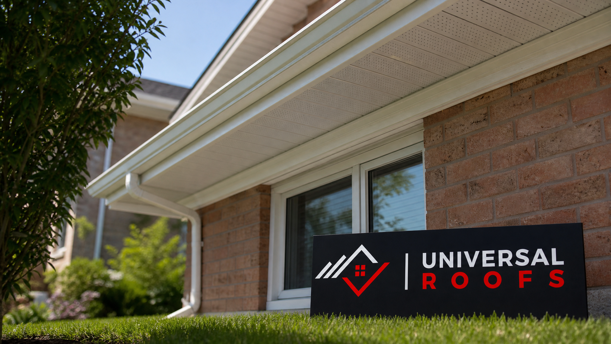 Freshly repaired white vinyl soffit and fascia along a Toronto home's roofline on a sunny summer day