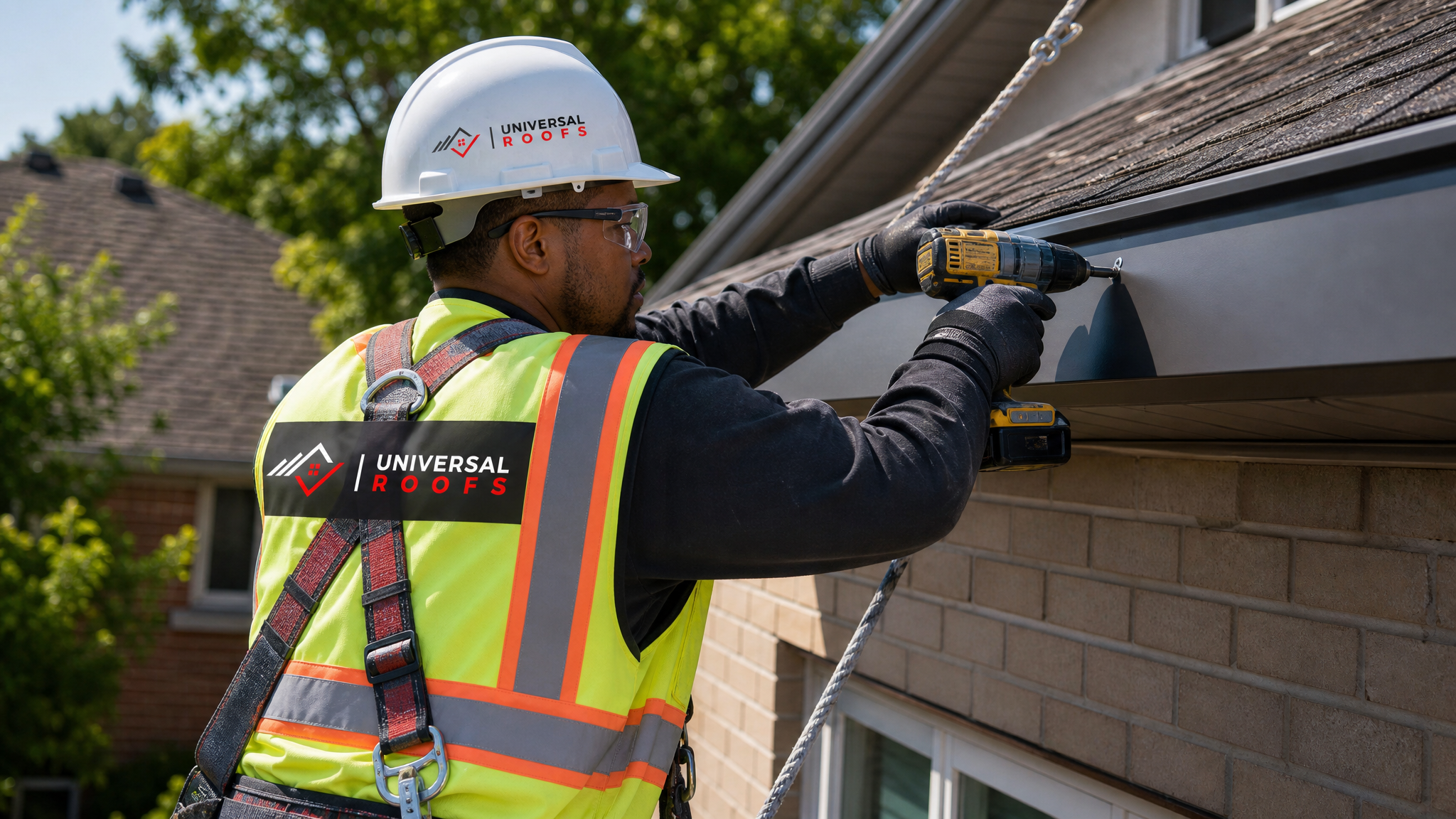 Roofer wearing full safety harness and PPE installing new aluminum fascia board along a residential roofline in Toronto