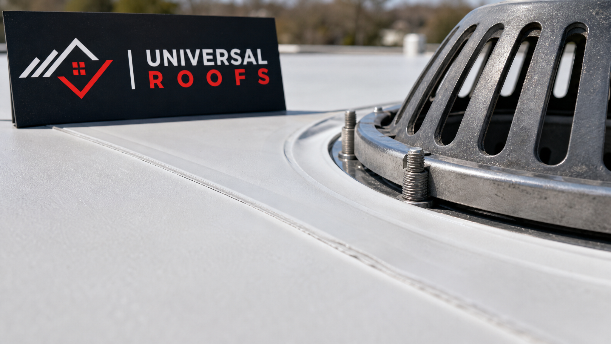 Close-up of a heat-welded TPO membrane seam and drain flashing detail on a flat roof with a Universal Roofs branded sign placard nearby