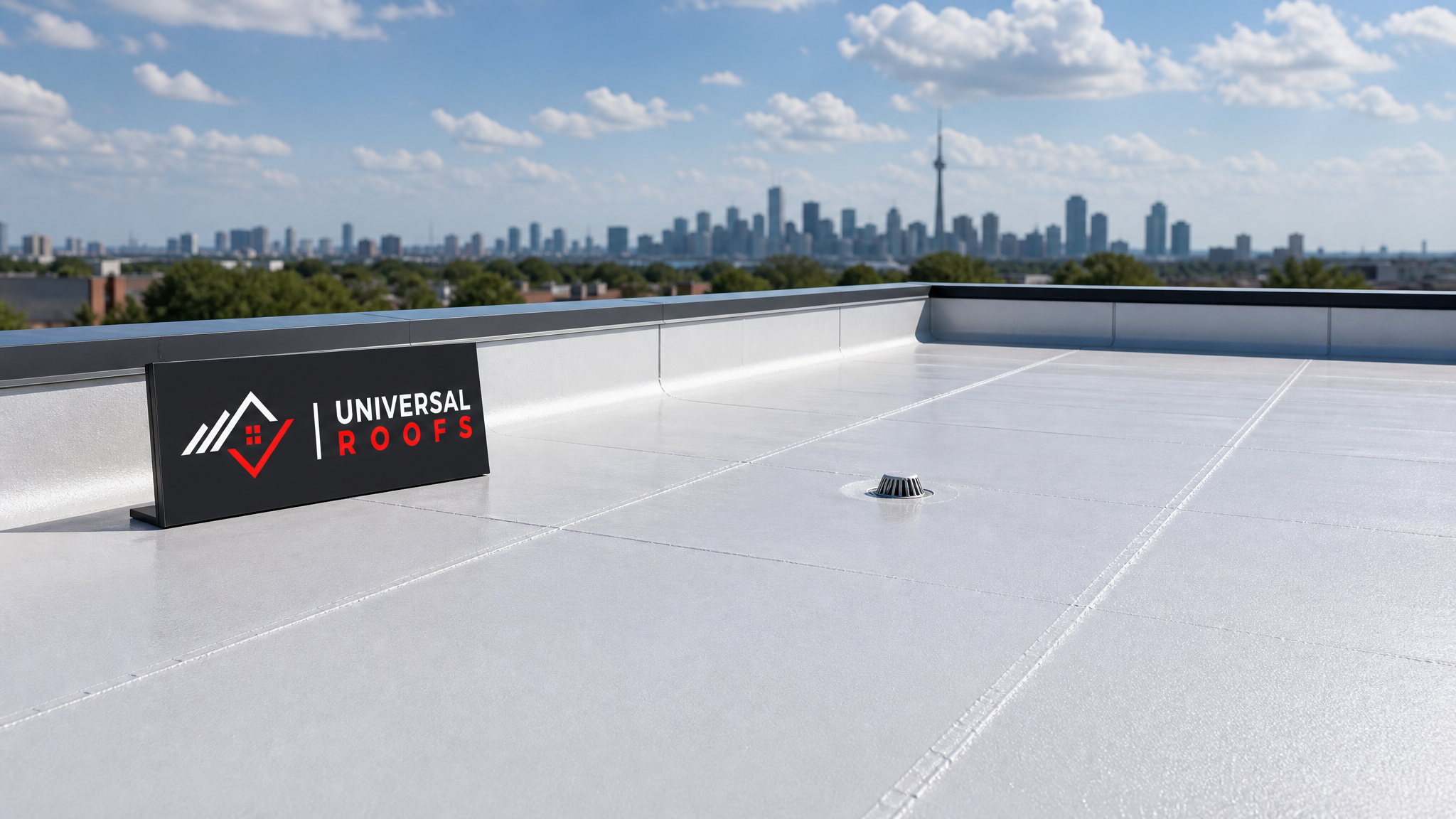 Finished waterproofed flat roof membrane on a Toronto commercial building in summer daylight with a Universal Roofs sign placard resting near the parapet