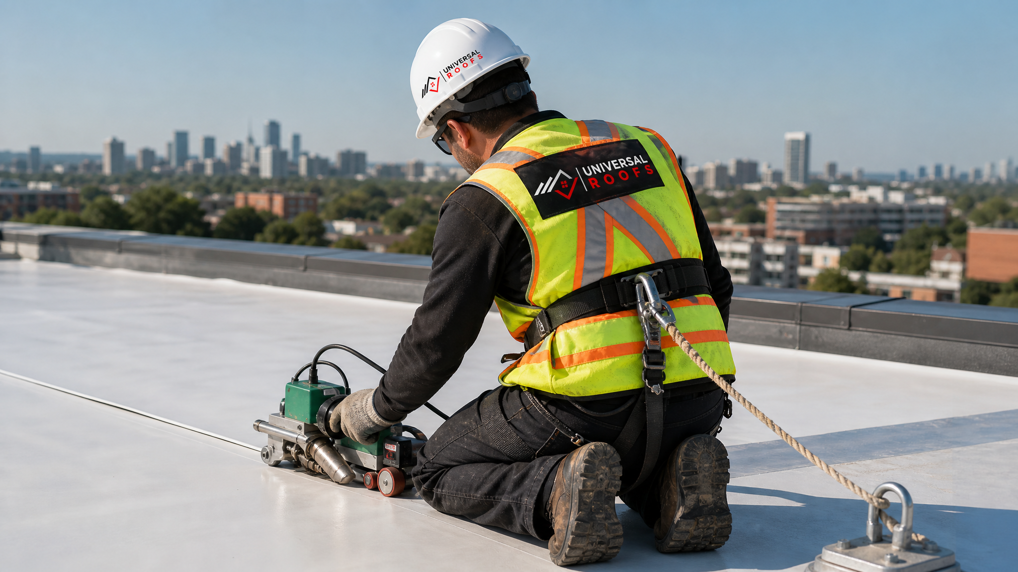 Roofing technician in full safety harness and PPE heat-welding a TPO membrane seam on a flat roof in Toronto during daylight