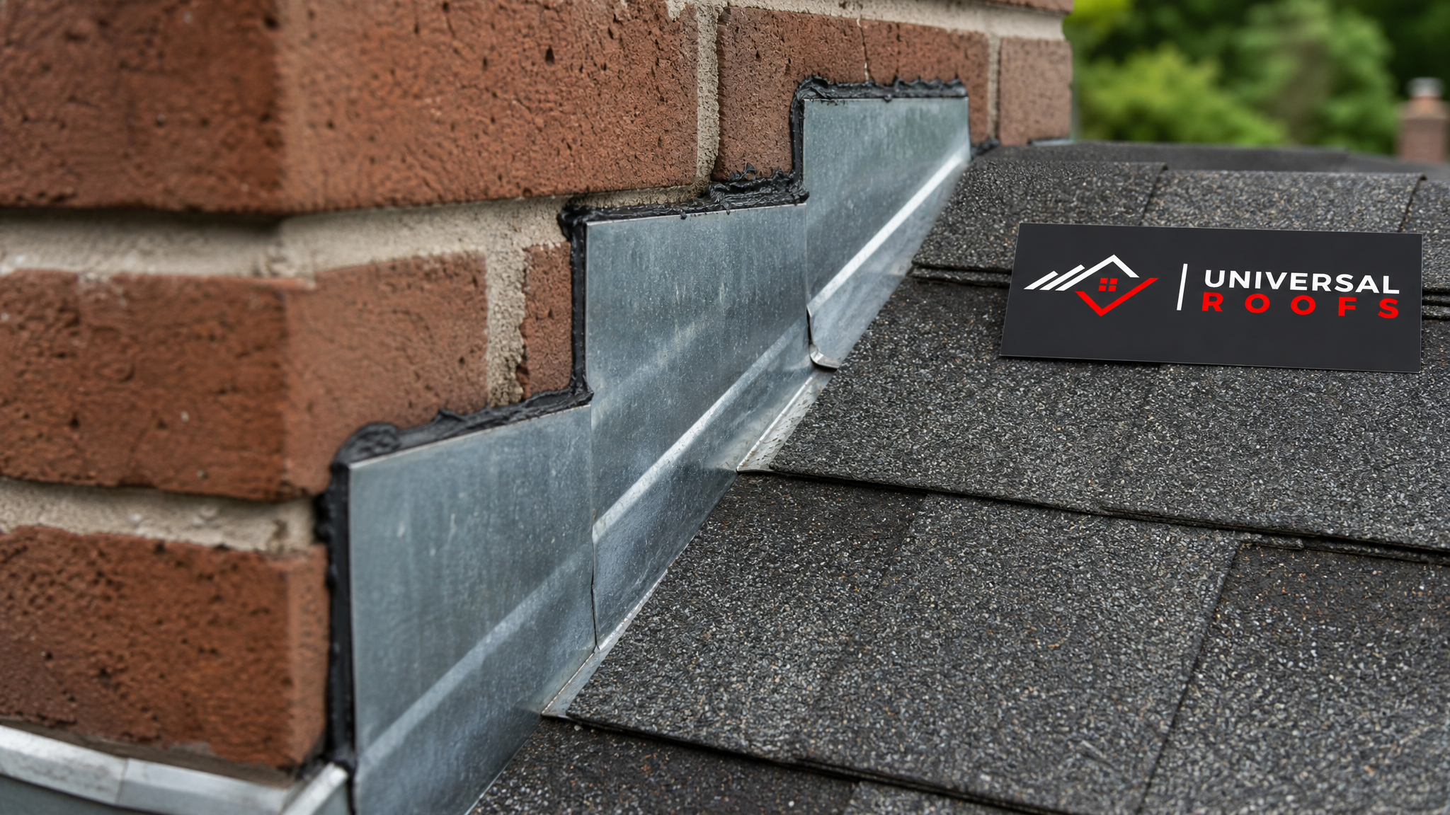 Close-up of woven step flashing pieces interlaced between asphalt shingle courses along a chimney edge