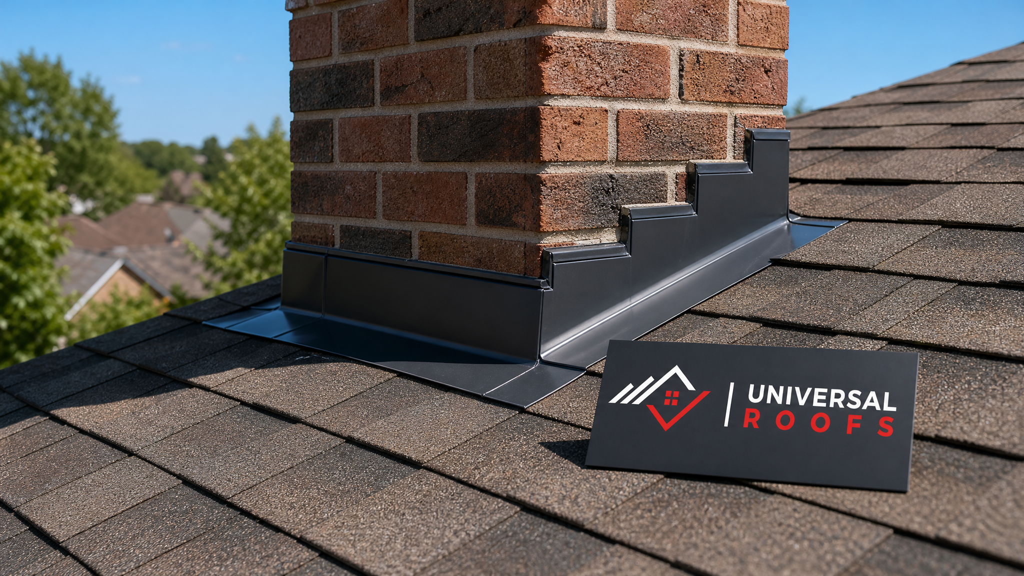 Freshly repaired step flashing along a brick chimney on a Toronto home under clear summer sky