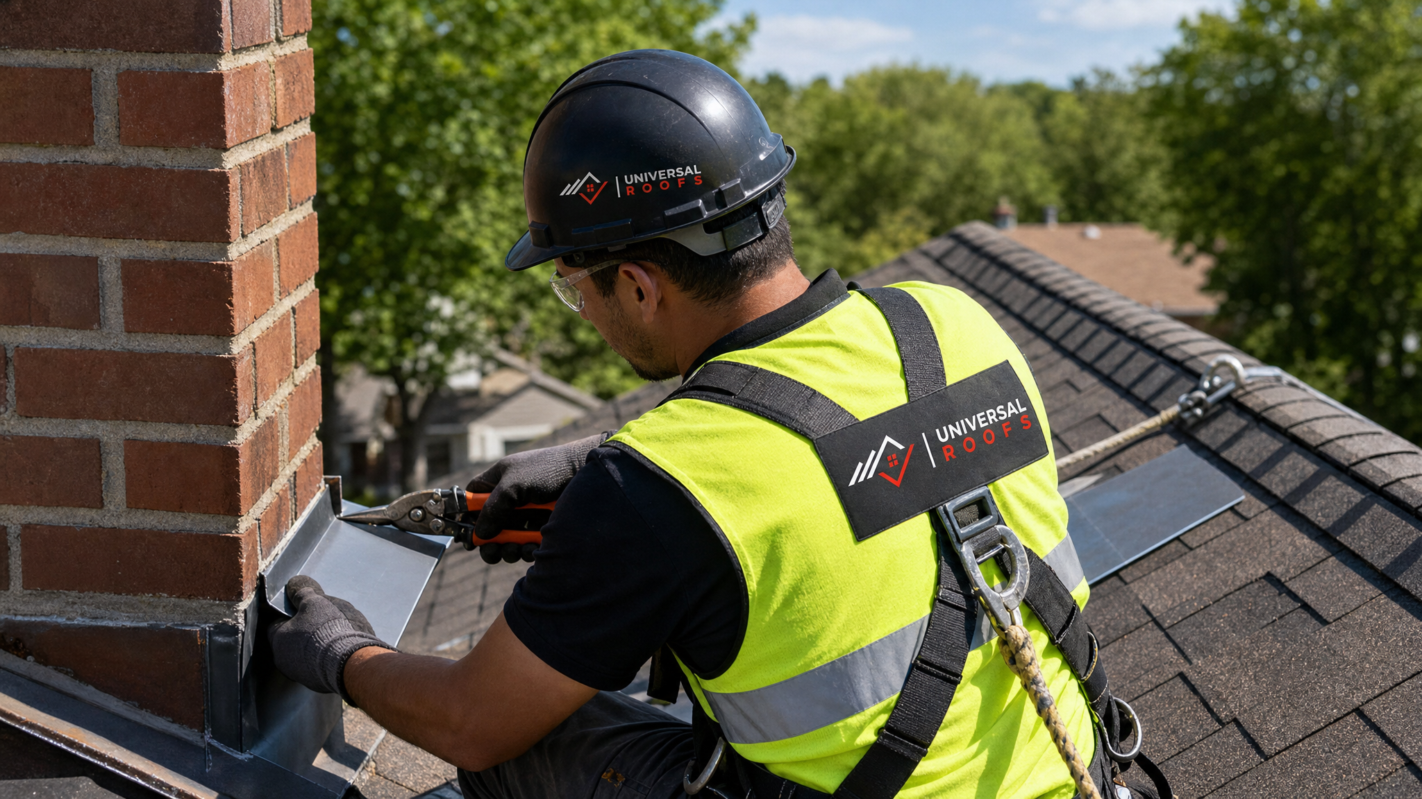 Roofer wearing full safety harness cutting metal flashing with aviation snips near a chimney on a steep roof