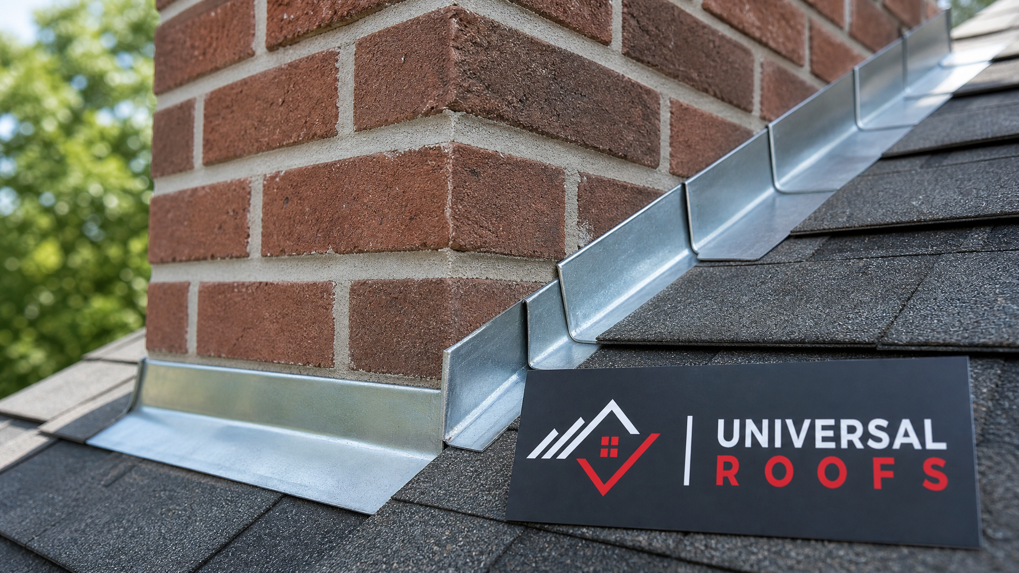 Close-up of new galvanized step flashing and fresh mortar joints at the base of a chimney against asphalt shingles