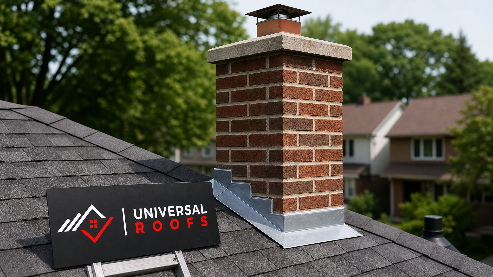 Fully repaired brick chimney with new flashing and clean mortar joints on a Toronto-area home roof in summer daylight