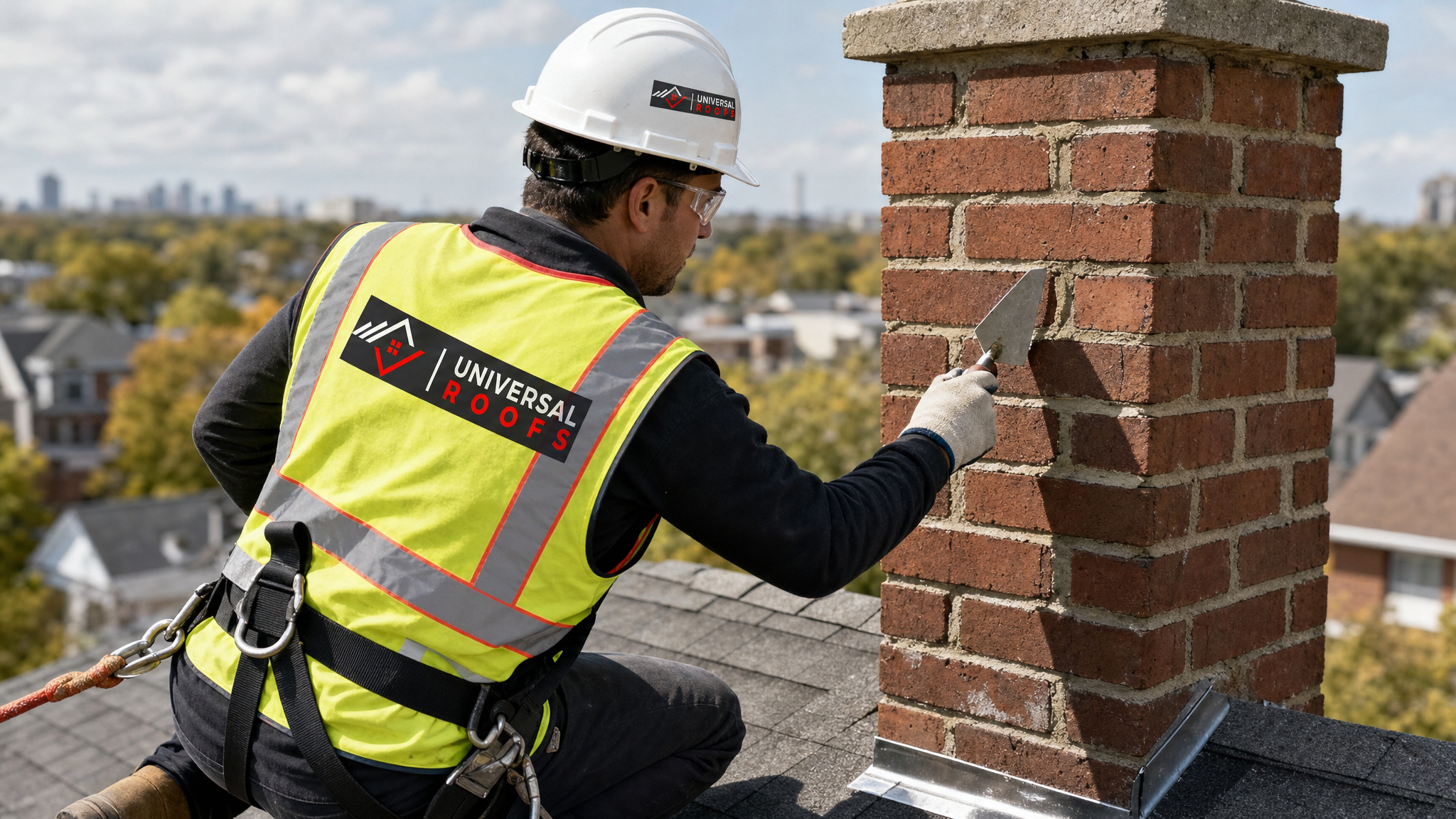 Roofer wearing hard hat, hi-vis vest, safety glasses and fall protection harness repointing brick mortar joints on a chimney