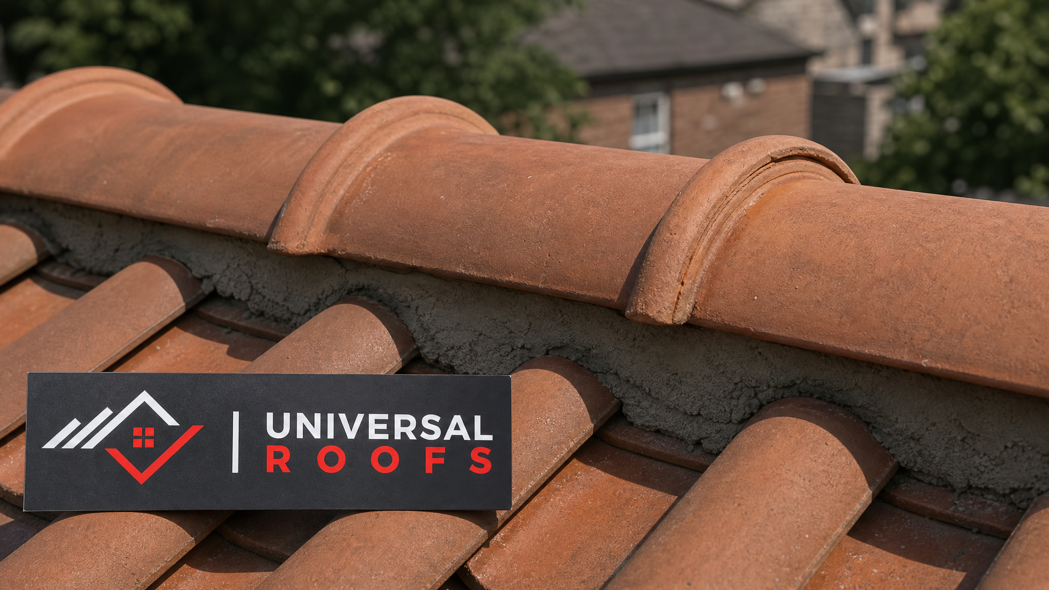 Close-up of matched clay roof tiles with new mortar at a ridge cap, with a Universal Roofs branded sign placard visible nearby