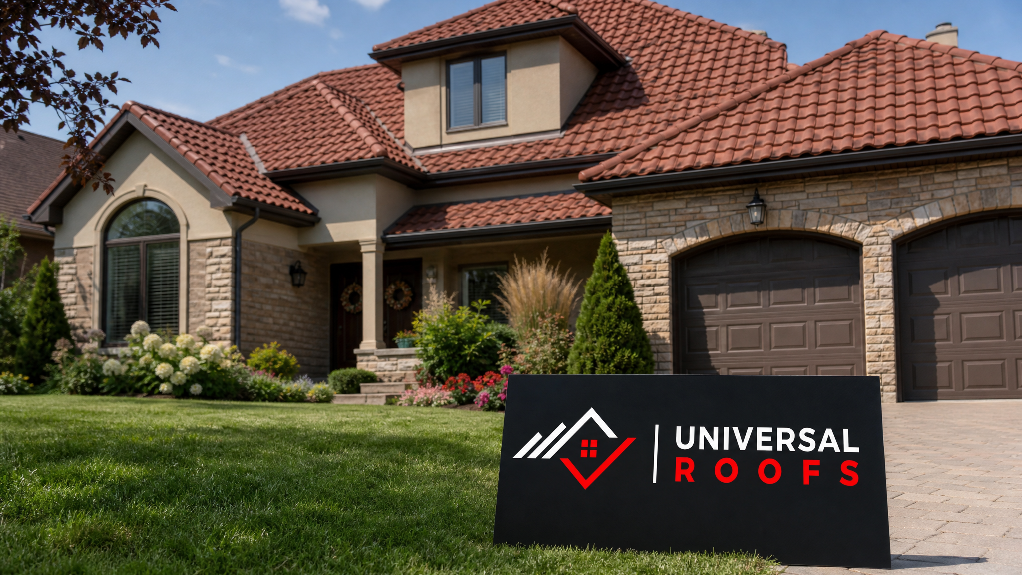 A repaired clay tile roof on a Toronto-area home in summer daylight with a Universal Roofs sign placard resting nearby