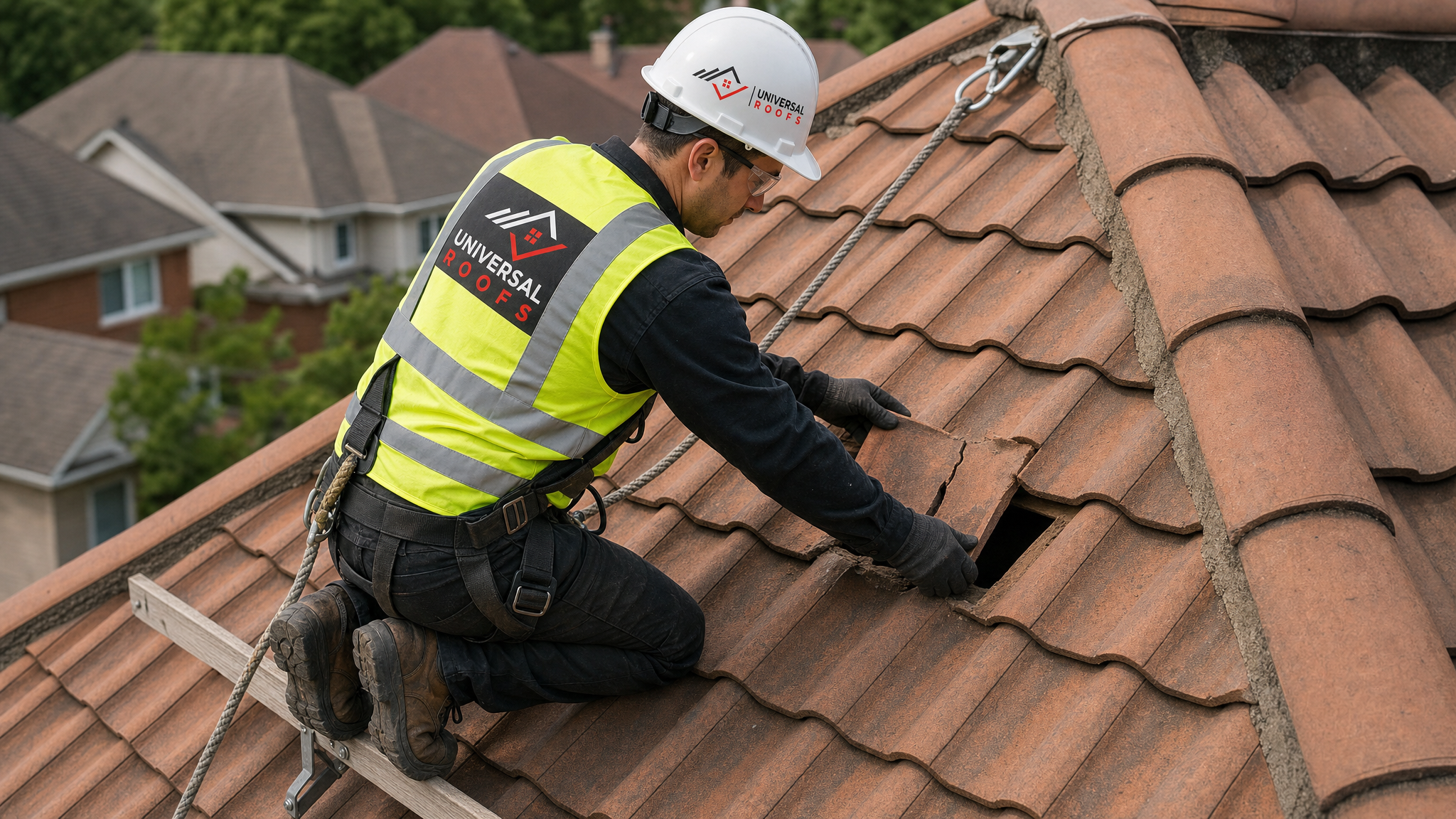 A roofer wearing a hard hat, hi-vis vest, harness and safety rope carefully replacing a cracked tile on a Toronto-area tile roof in daylight
