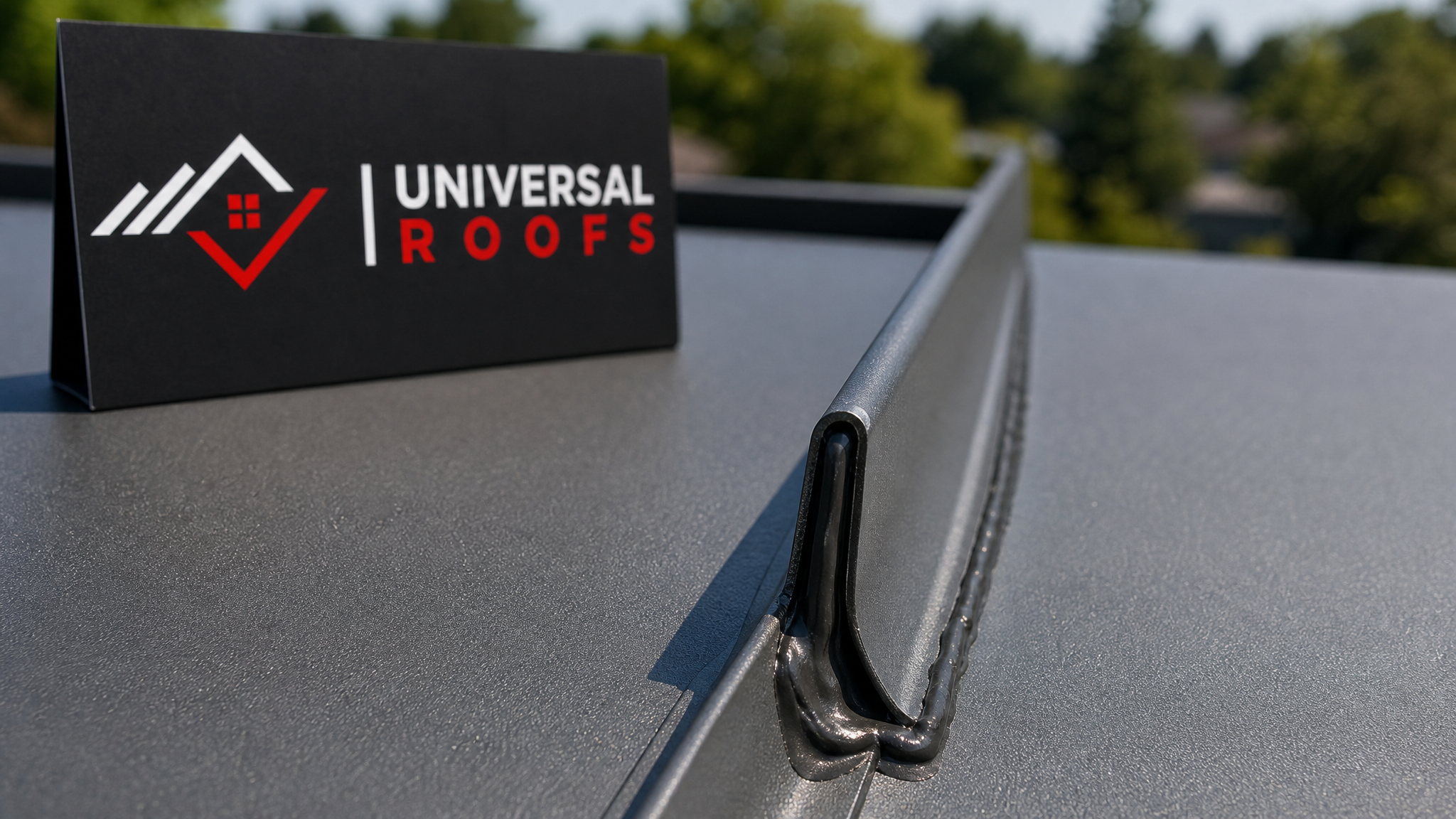 Close-up of a standing seam metal roof joint showing a properly crimped seam with sealant bead and a branded placard nearby