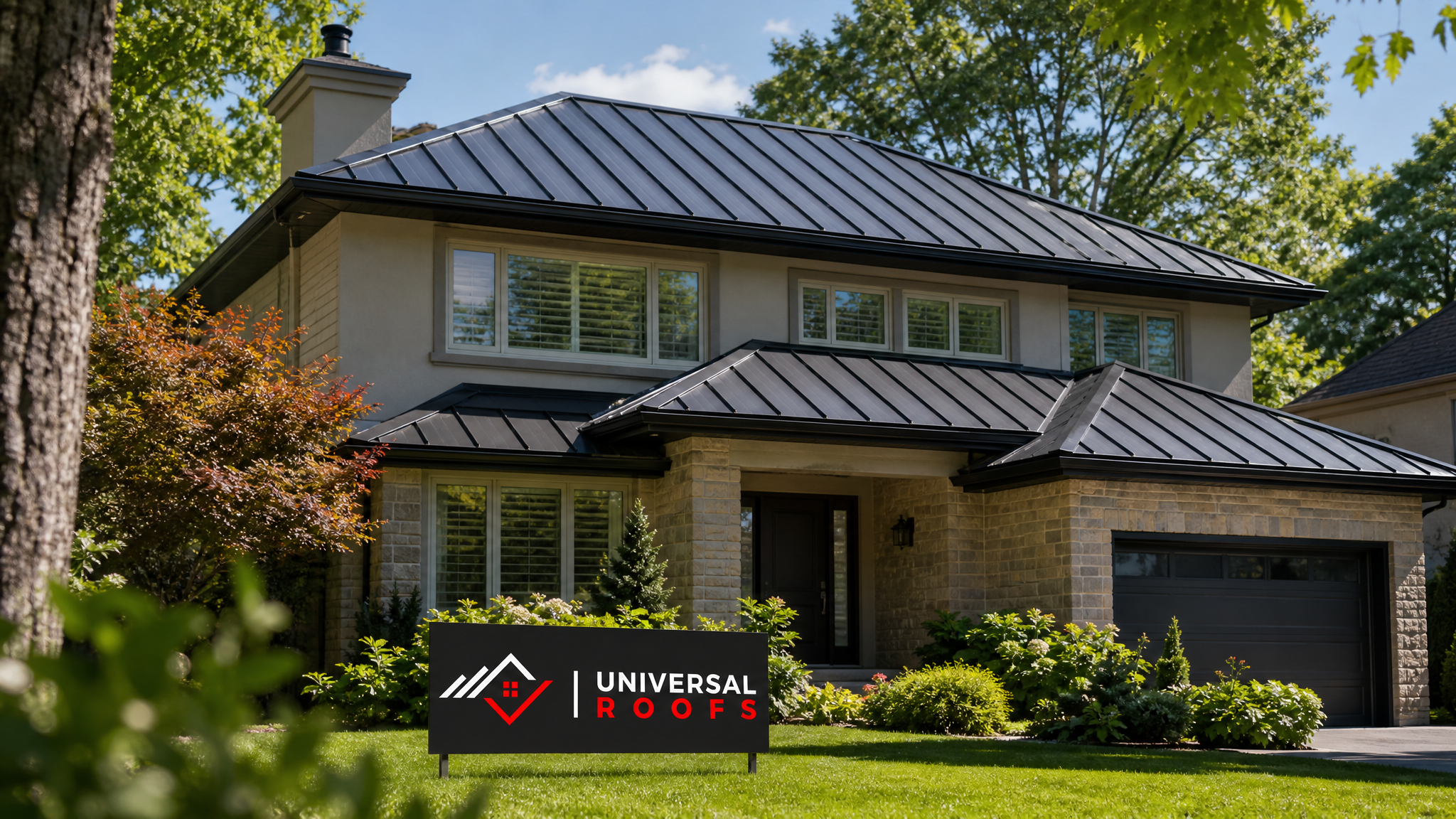 Freshly repaired standing seam metal roof on a Toronto home glinting under summer daylight with no visible damage