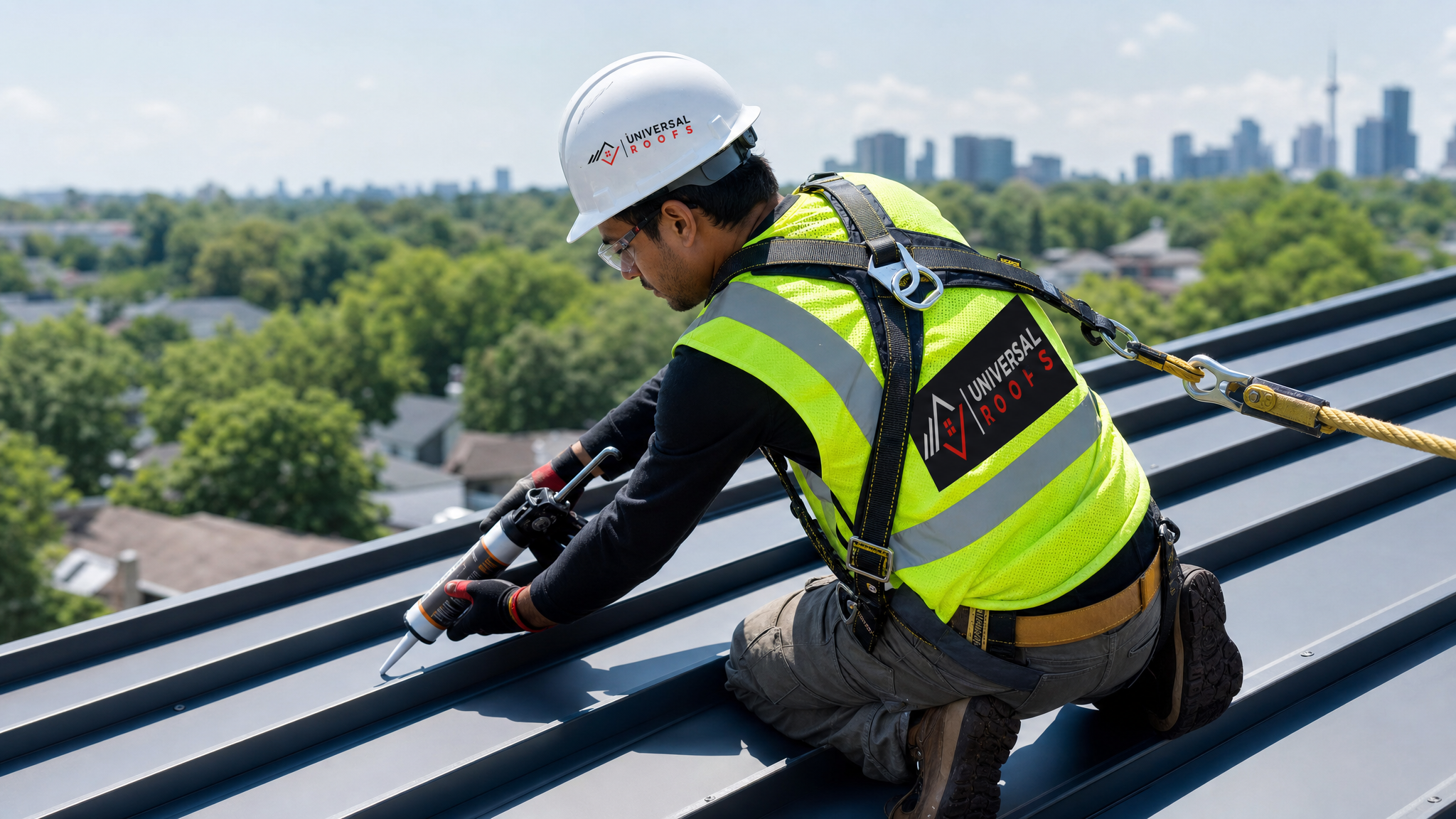 Roofer secured with a harness and safety rope applying sealant to a standing seam joint on a metal roof