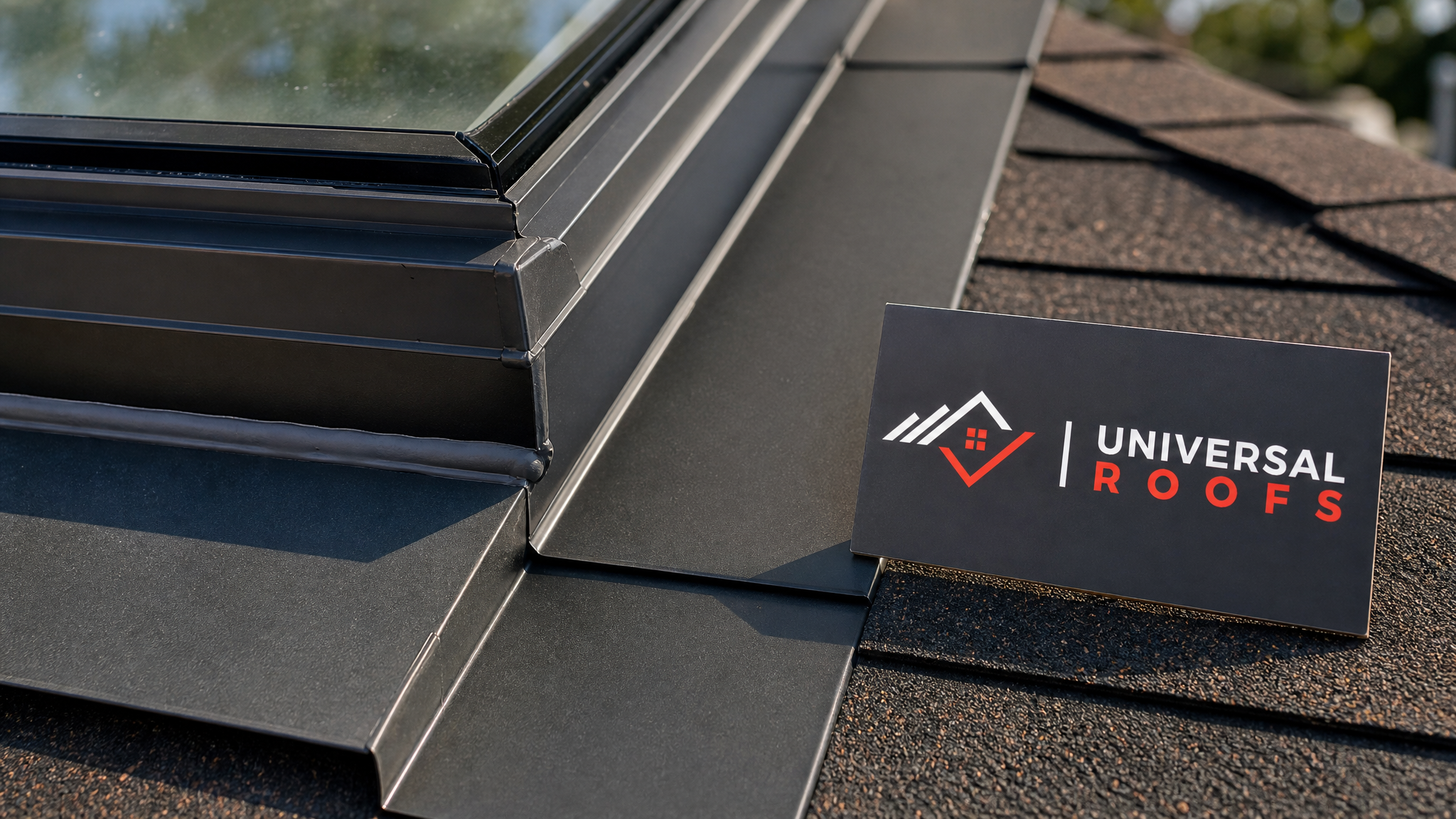 Close-up detail of new step flashing and sealant installed around a skylight curb showing correct overlap technique