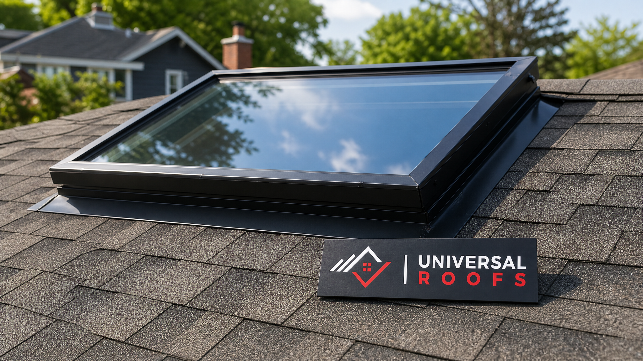 A newly repaired residential skylight on a Toronto home with clear, leak-free glazing under bright summer daylight