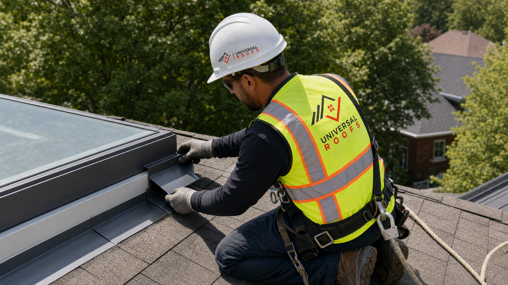 A roofing technician wearing full safety harness, hard hat, and hi-vis vest replacing flashing around a skylight on a Toronto rooftop